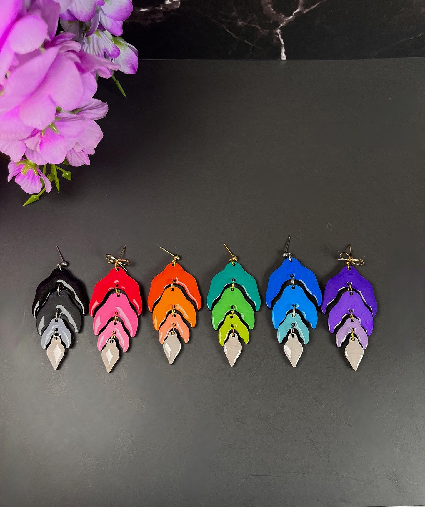 Wood Leaf Dangle Earrings | Wood Resin Colorful Leaf Earrings | Custom Color Ombré Earrings | Statement Jewelry for Women | Lightweight |