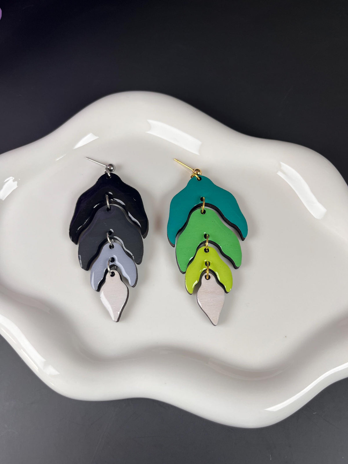 Wood Leaf Dangle Earrings | Wood Resin Colorful Leaf Earrings | Custom Color Ombré Earrings | Statement Jewelry for Women | Lightweight |