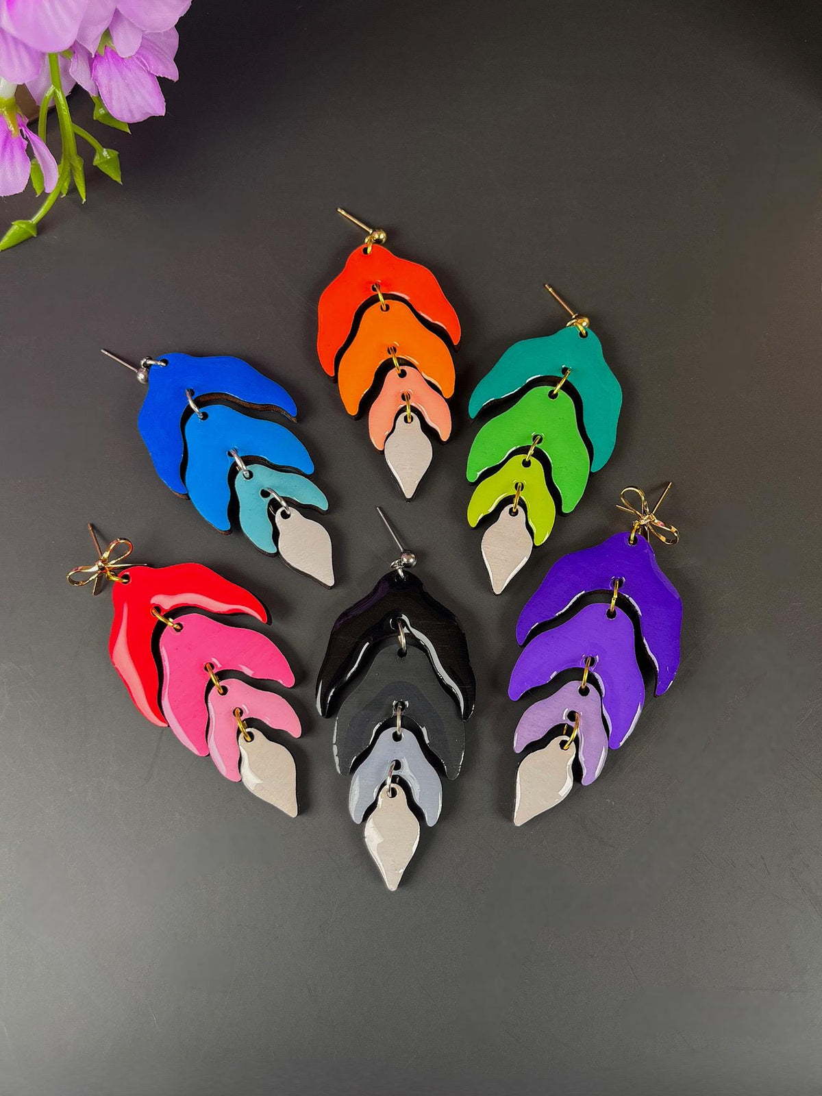 Wood Leaf Dangle Earrings | Wood Resin Colorful Leaf Earrings | Custom Color Ombré Earrings | Statement Jewelry for Women | Lightweight |