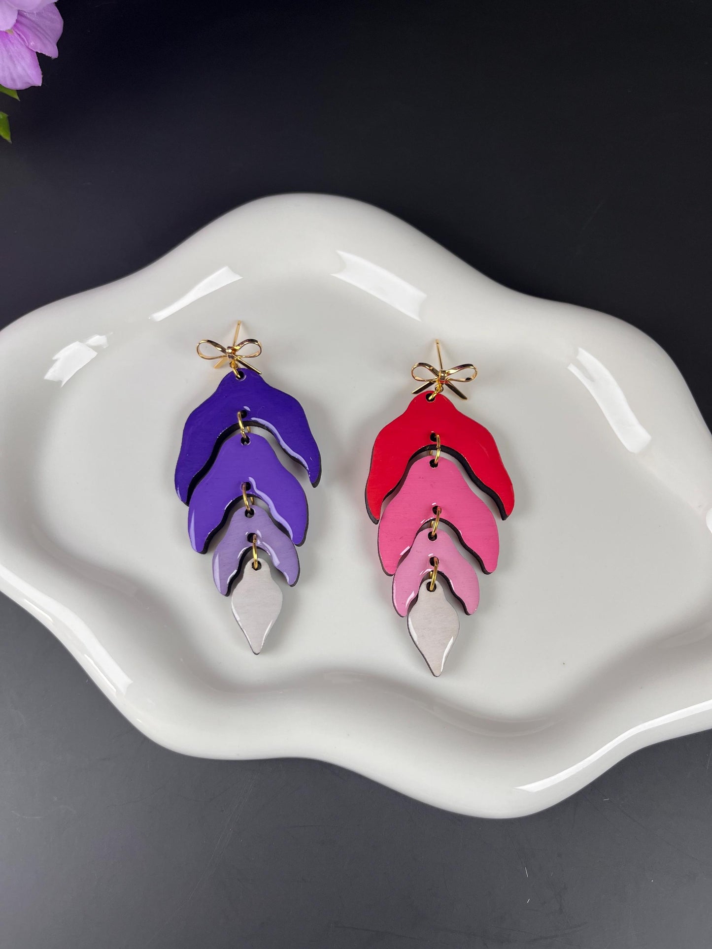 Wood Leaf Dangle Earrings | Wood Resin Colorful Leaf Earrings | Custom Color Ombré Earrings | Statement Jewelry for Women | Lightweight |