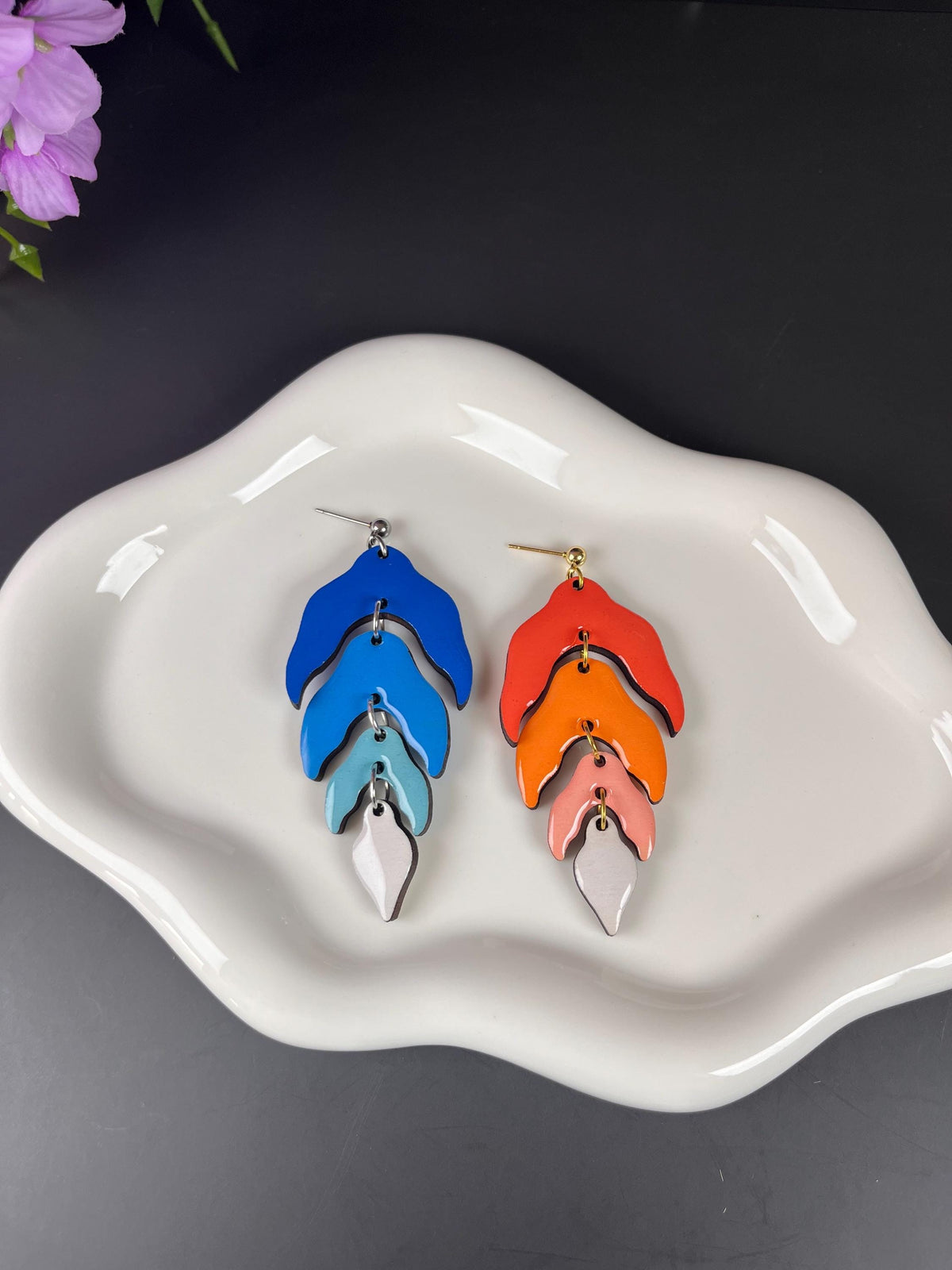 Wood Leaf Dangle Earrings | Wood Resin Colorful Leaf Earrings | Custom Color Ombré Earrings | Statement Jewelry for Women | Lightweight |