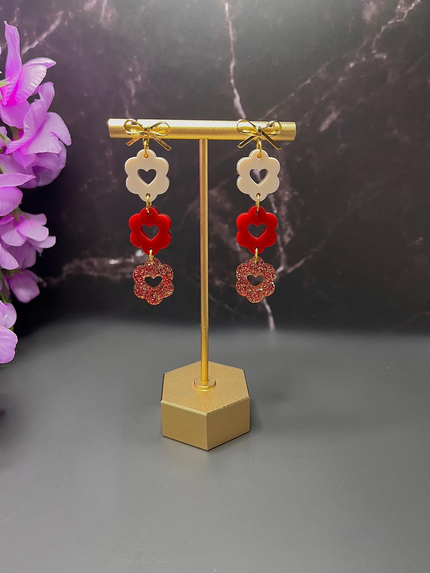Scalloped Heart Dangles | Stacked Bow Heart Earrings | Valentines Day Earrings | Dainty Small Acrylic Earrings | Red Heart Stacks | Gold |