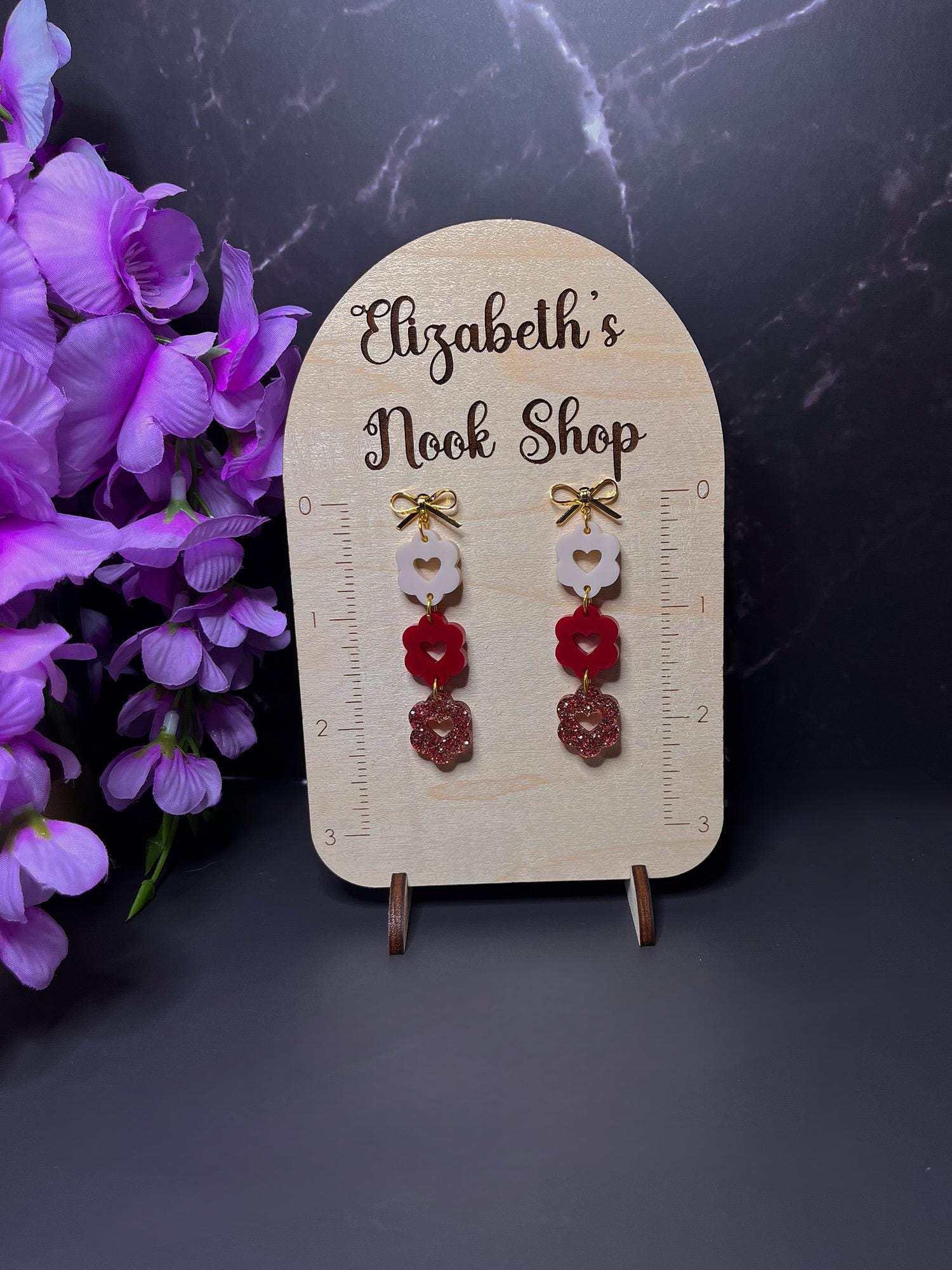 Scalloped Heart Dangles | Stacked Bow Heart Earrings | Valentines Day Earrings | Dainty Small Acrylic Earrings | Red Heart Stacks | Gold |