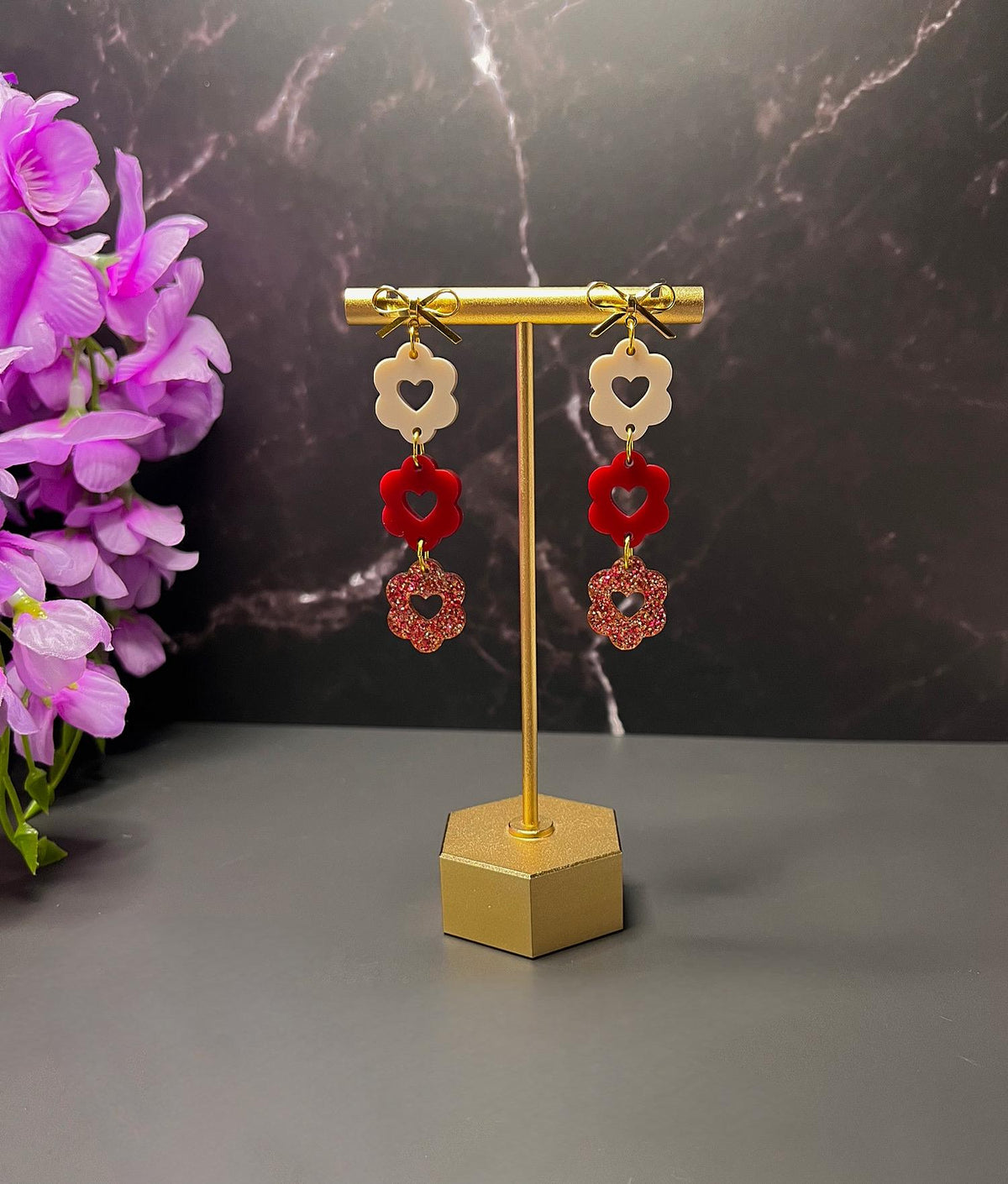 Scalloped Heart Dangles | Stacked Bow Heart Earrings | Valentines Day Earrings | Dainty Small Acrylic Earrings | Red Heart Stacks | Gold |