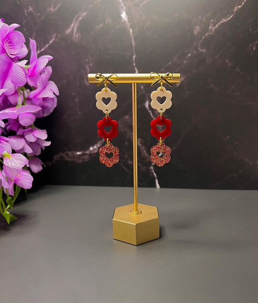 Scalloped Heart Dangles | Stacked Bow Heart Earrings | Valentines Day Earrings | Dainty Small Acrylic Earrings | Red Heart Stacks | Gold |