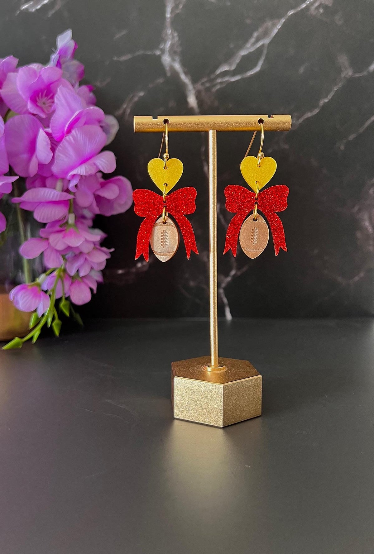 Chiefs Inspired Acrylic Earrings | Football Earrings | Kansas City Inspired Earrings | Dangle Bow Earrings | Game Day Football Sports |
