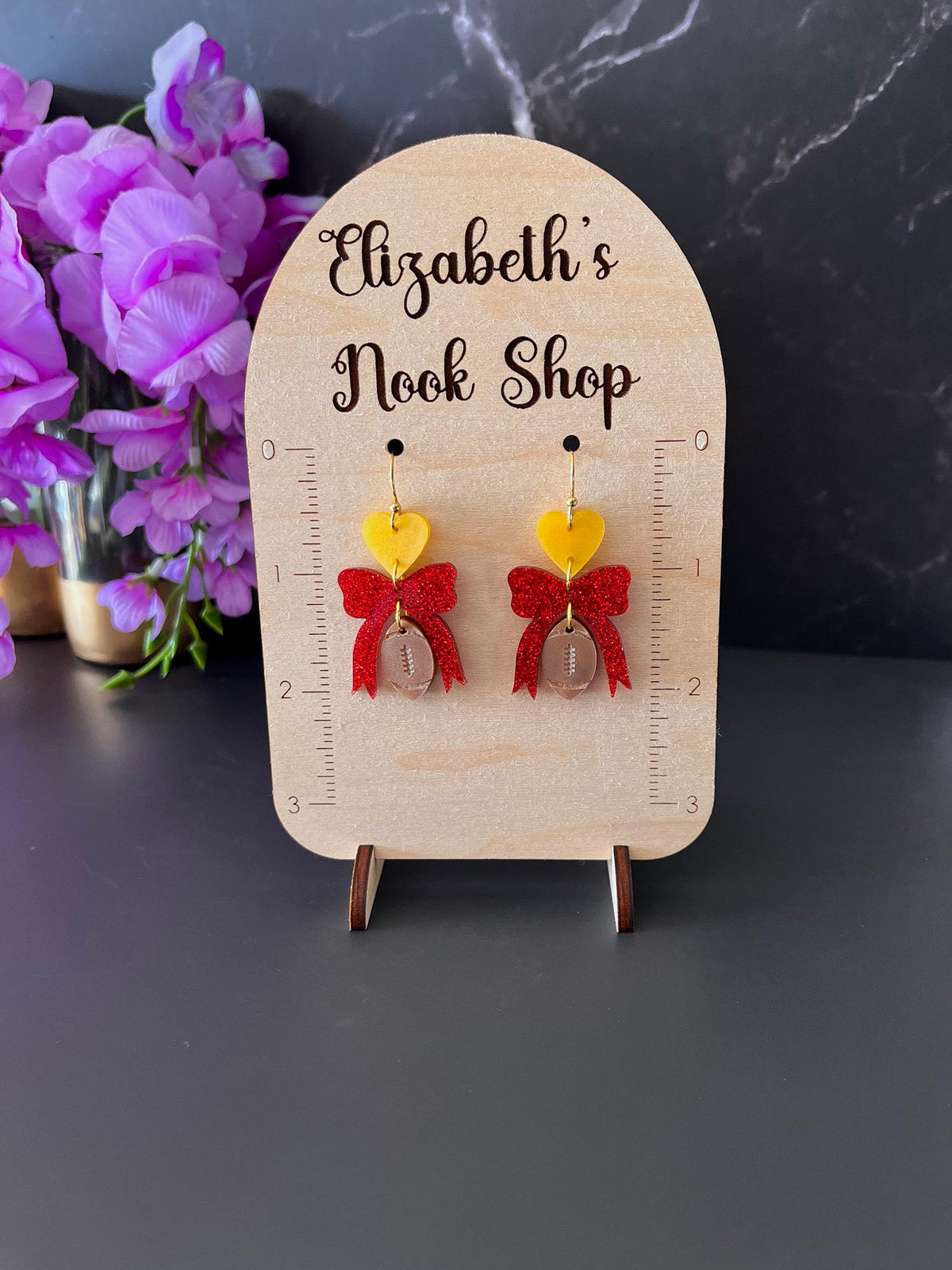 Chiefs Inspired Acrylic Earrings | Football Earrings | Kansas City Inspired Earrings | Dangle Bow Earrings | Game Day Football Sports |