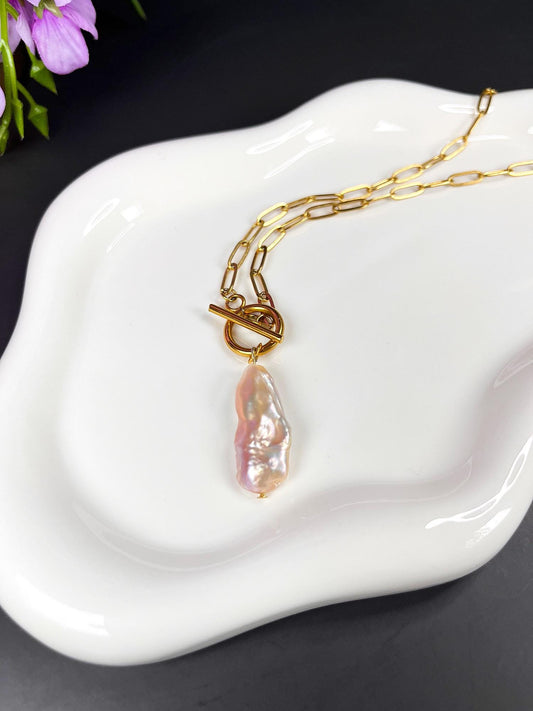 Freshwater Pearl Necklace | Stainless Steel Non-Tarnish Paperclip Chain | Toggle Clasp Necklace | Charm Necklace | Dainty Summer Jewelry |