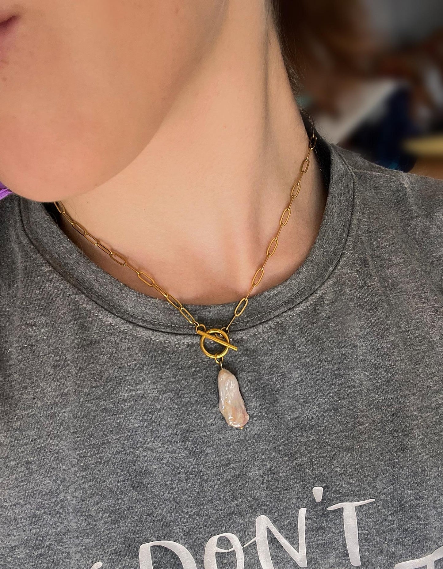 Freshwater Pearl Necklace | Stainless Steel Non-Tarnish Paperclip Chain | Toggle Clasp Necklace | Charm Necklace | Dainty Summer Jewelry |