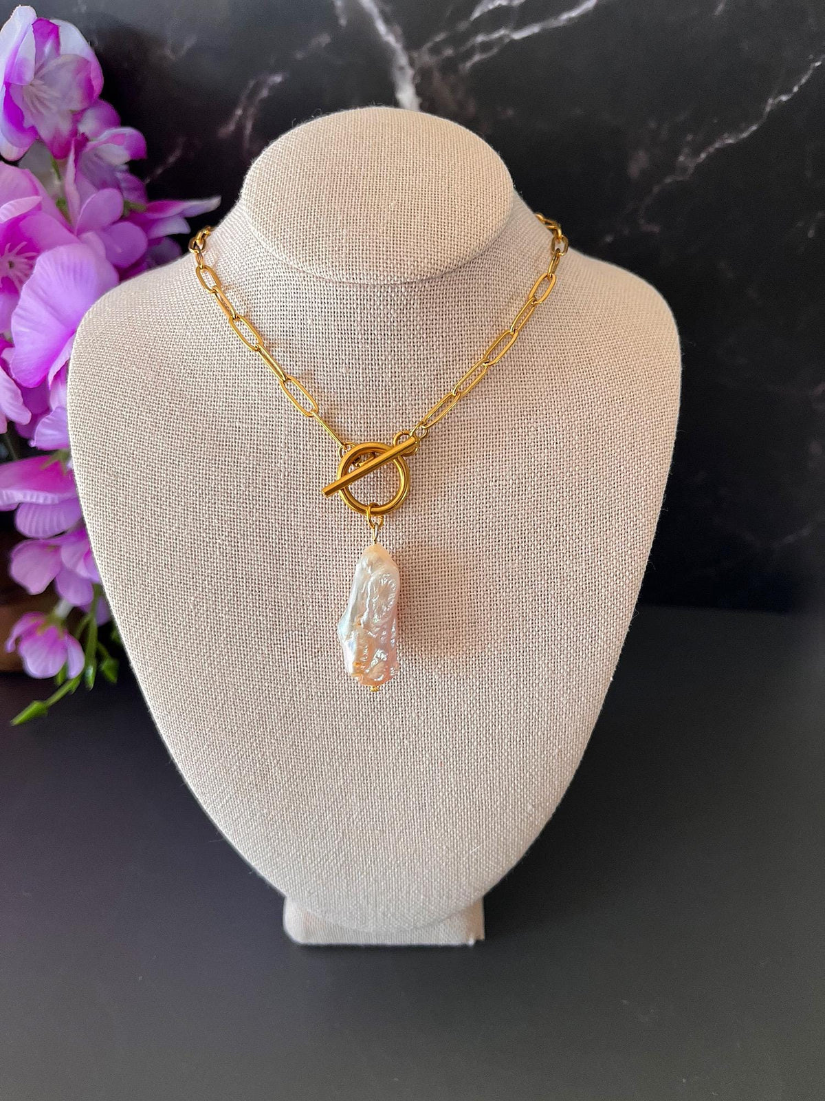Freshwater Pearl Necklace | Stainless Steel Non-Tarnish Paperclip Chain | Toggle Clasp Necklace | Charm Necklace | Dainty Summer Jewelry |
