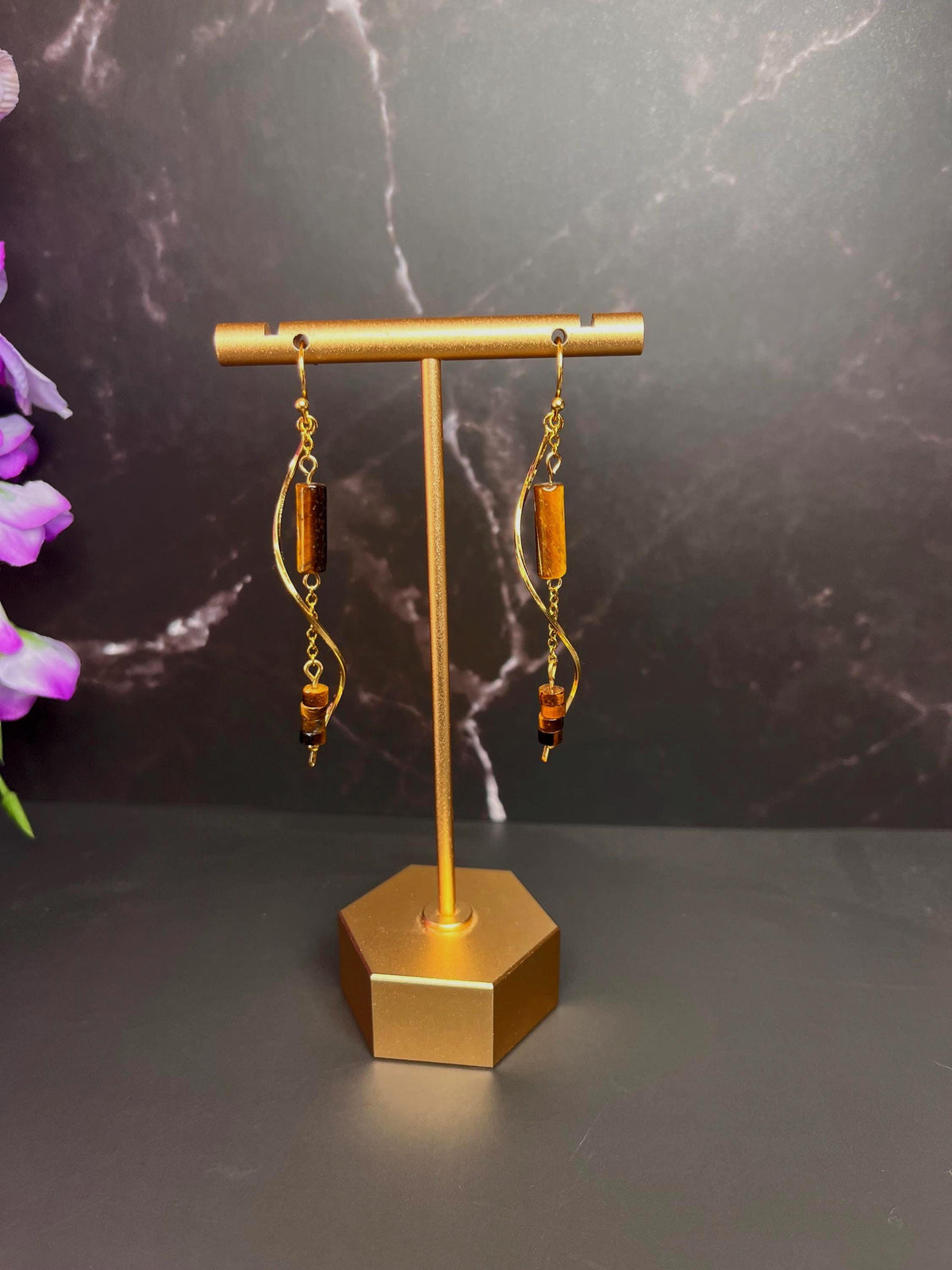 Stone Drop Earrings | Tigers Eye Stone | Amethyst Stone | Gold Stainless Steel Jewelry | Dainty Lightweight Earrings | Jewelry for Women |