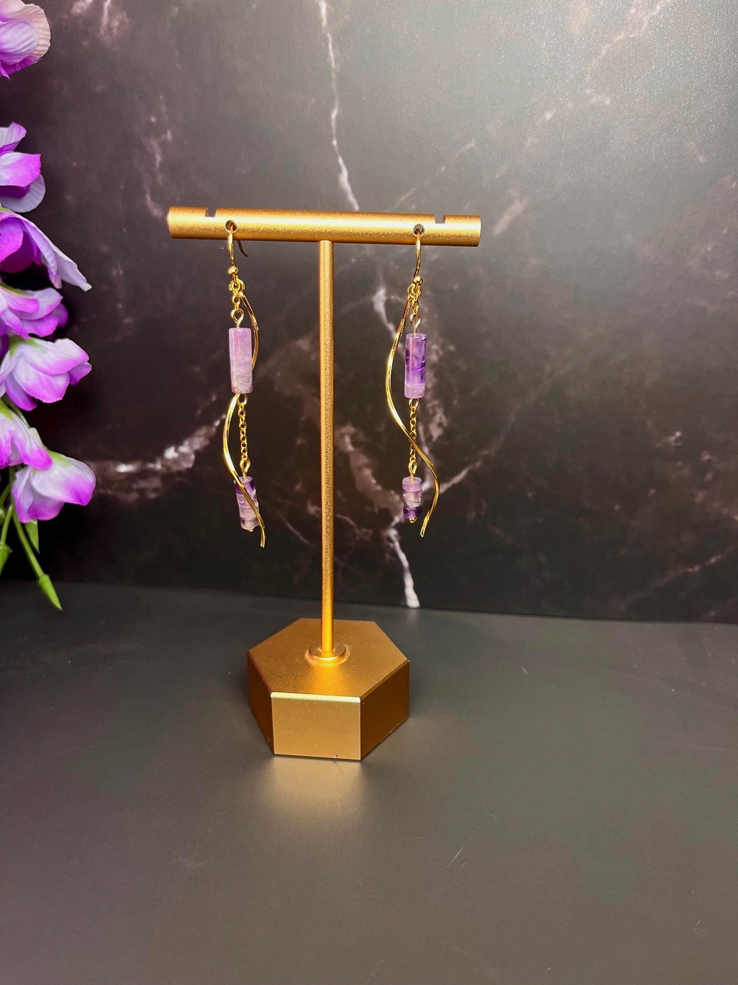 Stone Drop Earrings | Tigers Eye Stone | Amethyst Stone | Gold Stainless Steel Jewelry | Dainty Lightweight Earrings | Jewelry for Women |