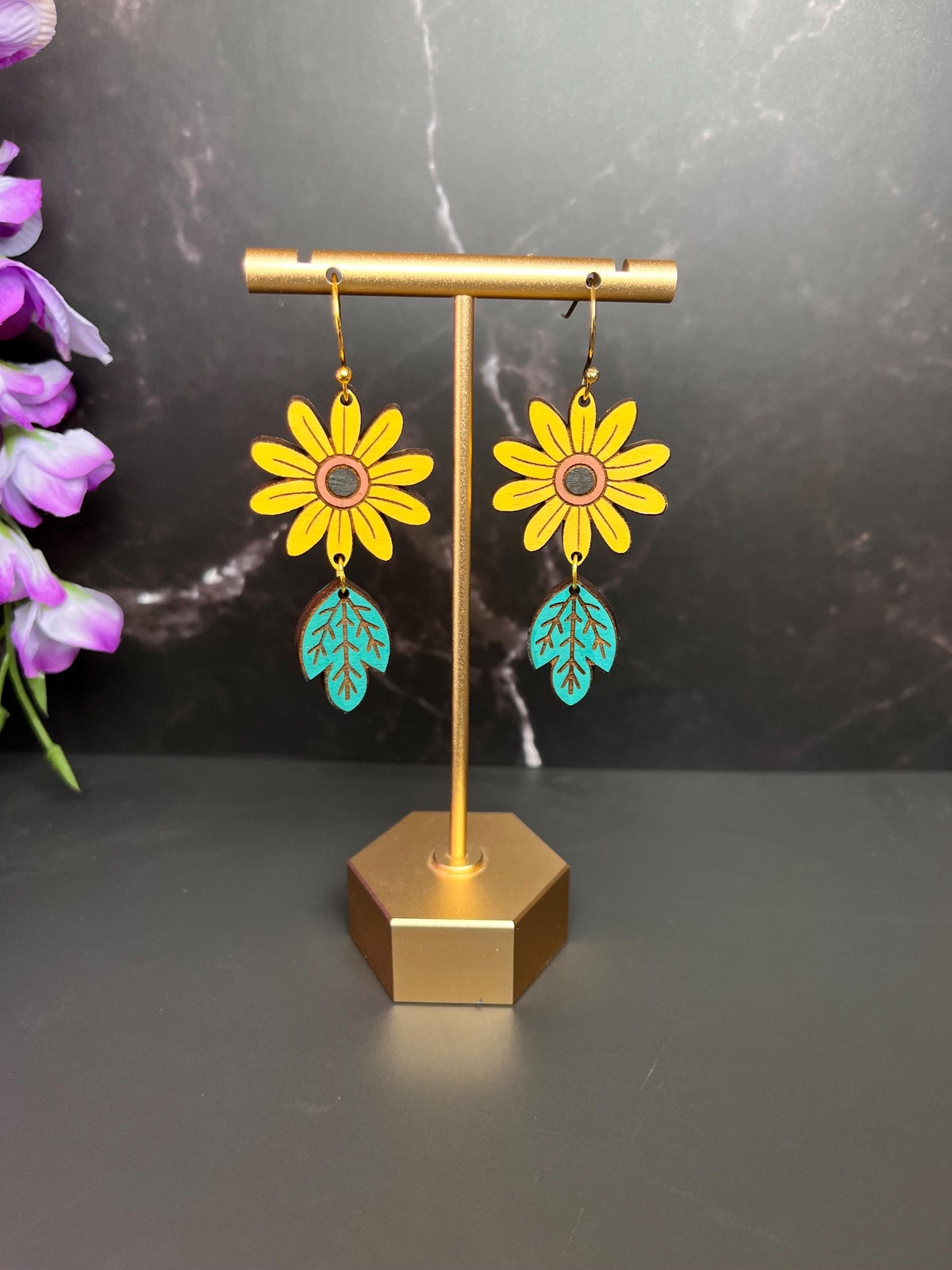 Wood Sunflower Earrings | Flower Drop Earings | Lightweight Wood Earrings | Flowers | Gifts for Women | Spring Summer Jewelry |