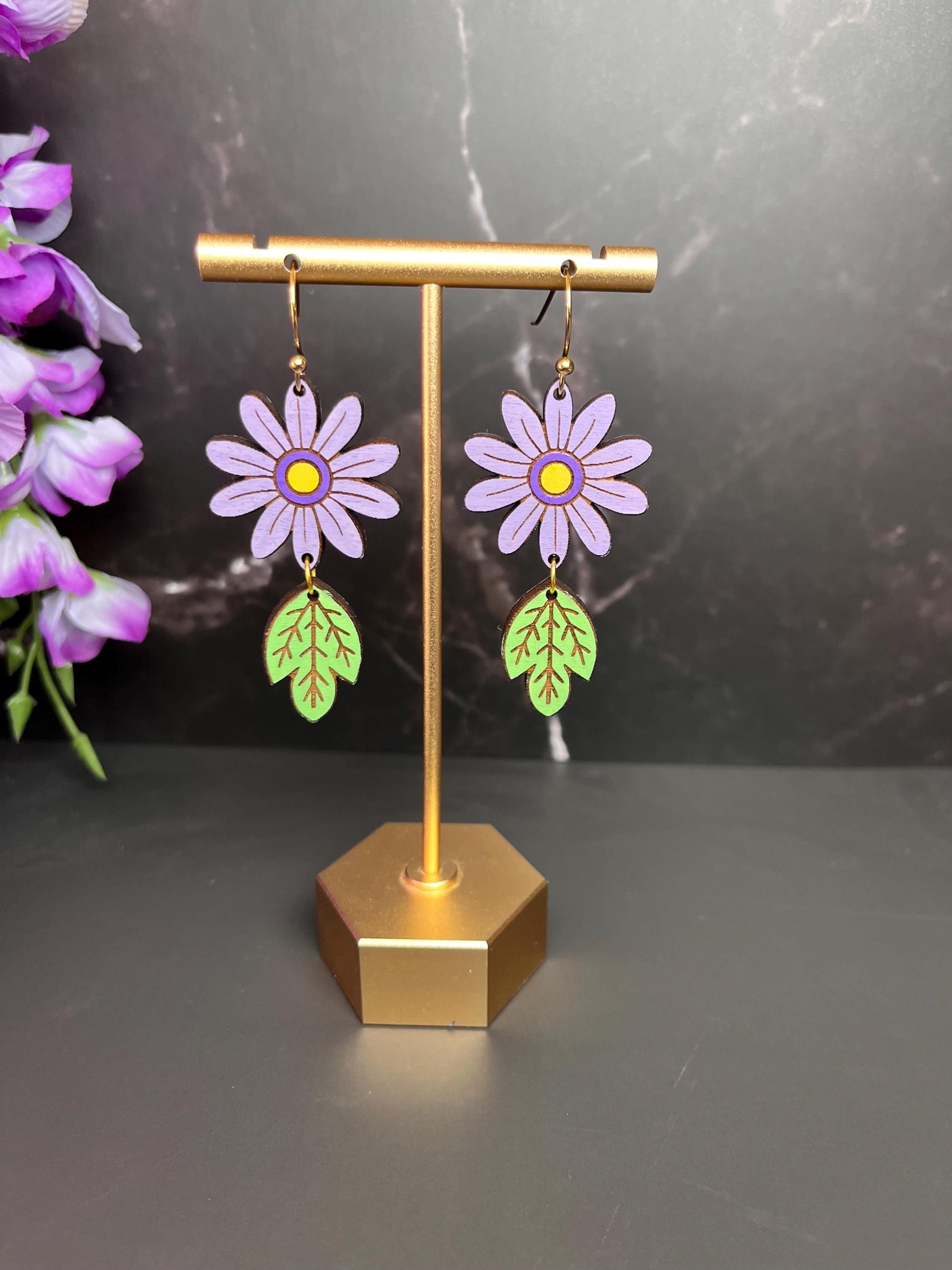 Wood Sunflower Earrings | Flower Drop Earings | Lightweight Wood Earrings | Flowers | Gifts for Women | Spring Summer Jewelry |