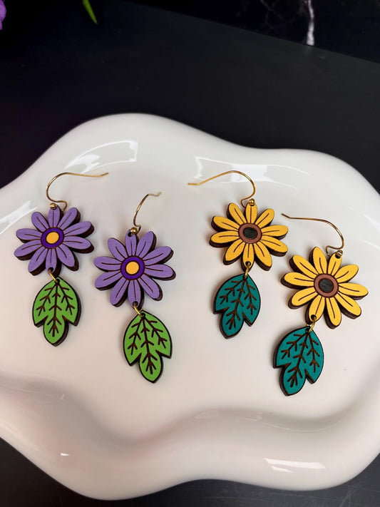 Wood Sunflower Earrings | Flower Drop Earings | Lightweight Wood Earrings | Flowers | Gifts for Women | Spring Summer Jewelry |