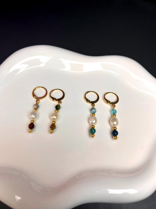 Dainty Gemstone Earrings for Women | Dainty Small Earrings | Gemstone Pearl Earrings | Gifts for Women | Lightweight Huggie Hoop Earrings |