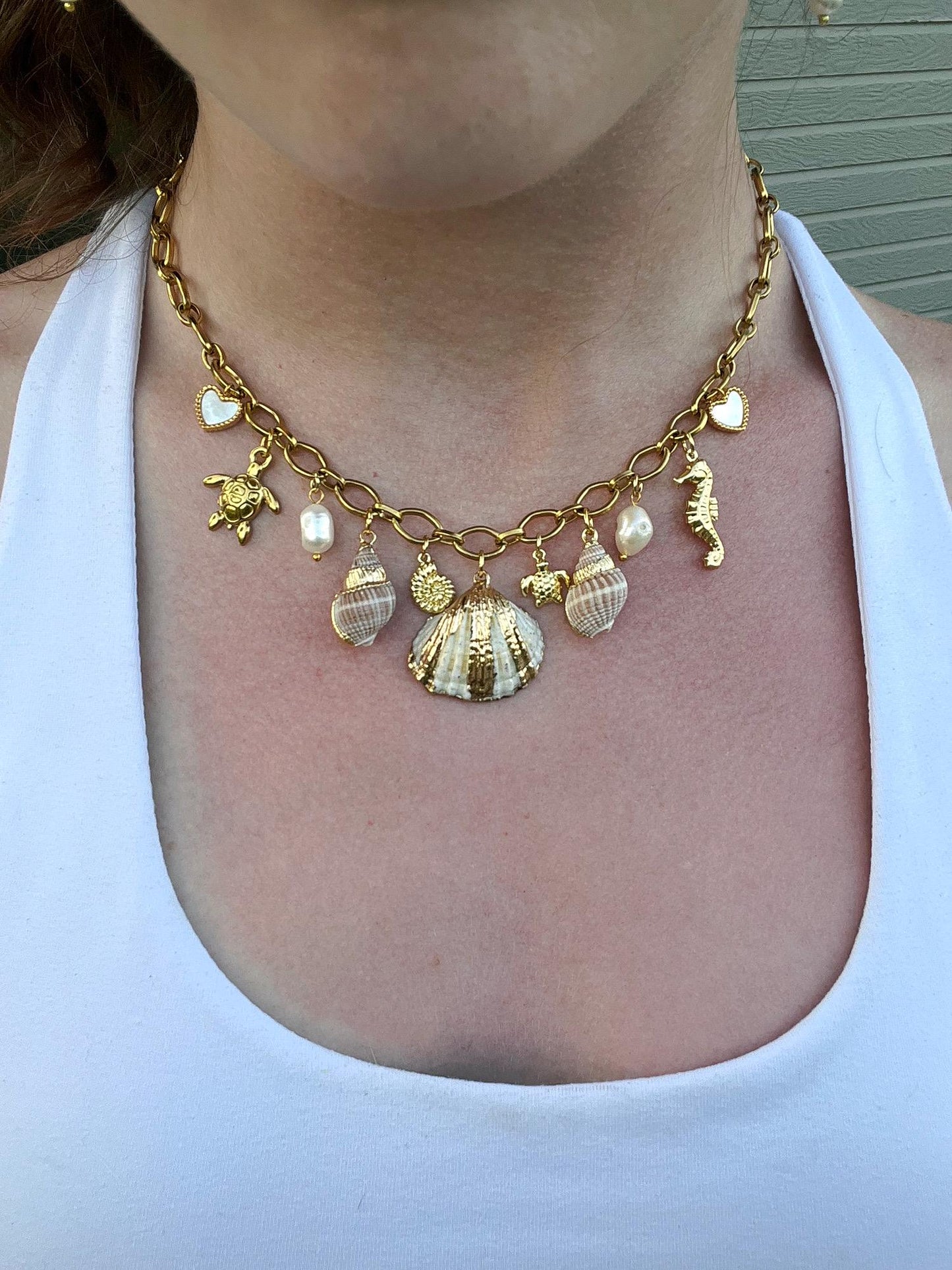 Stainless Steel Water Resistant Charm Necklace | Seashell Ocean Charm Necklace | 18k Gold Plated Stainless Steel | Summer Ocean Beachy Vibe
