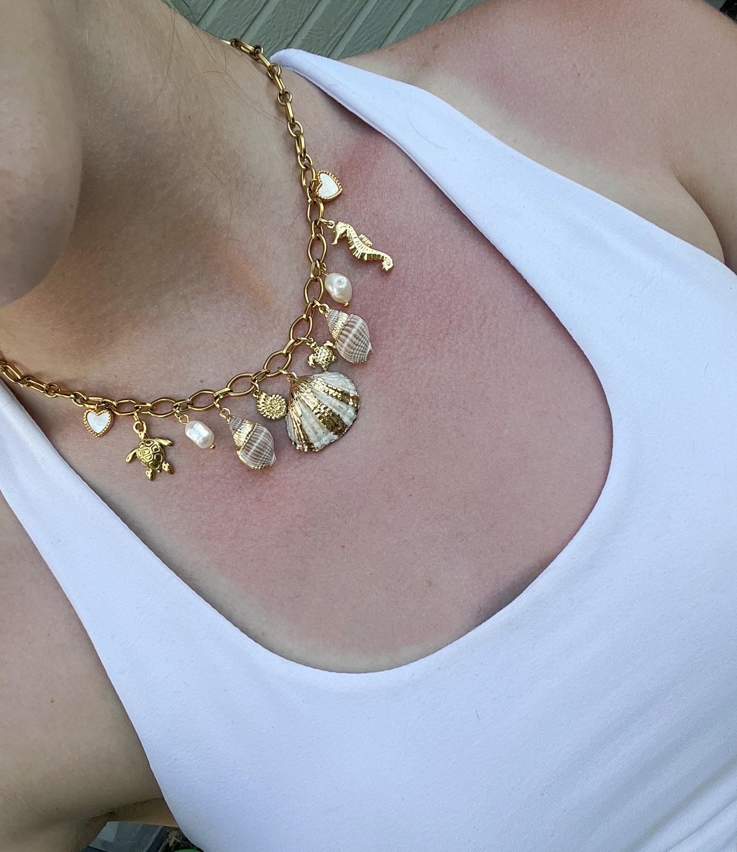 Stainless Steel Water Resistant Charm Necklace | Seashell Ocean Charm Necklace | 18k Gold Plated Stainless Steel | Summer Ocean Beachy Vibe