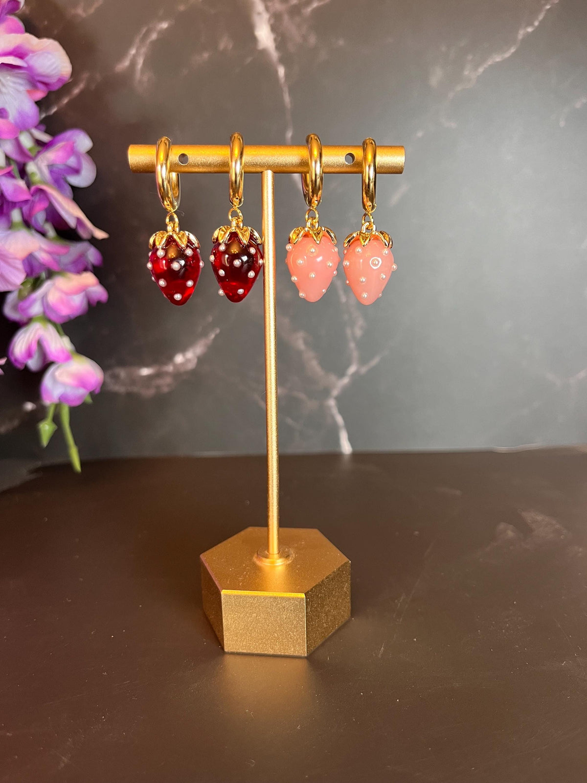 Chunky Strawberry Earrings | 18k Gold Plated Stainless Steel Hoop Earrings | Colorful Strawberry | Summer Fruit | Gold Jewelry | Chunky Hoop