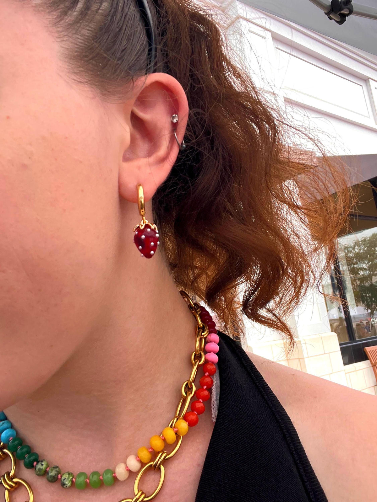 Chunky Strawberry Earrings | 18k Gold Plated Stainless Steel Hoop Earrings | Colorful Strawberry | Summer Fruit | Gold Jewelry | Chunky Hoop