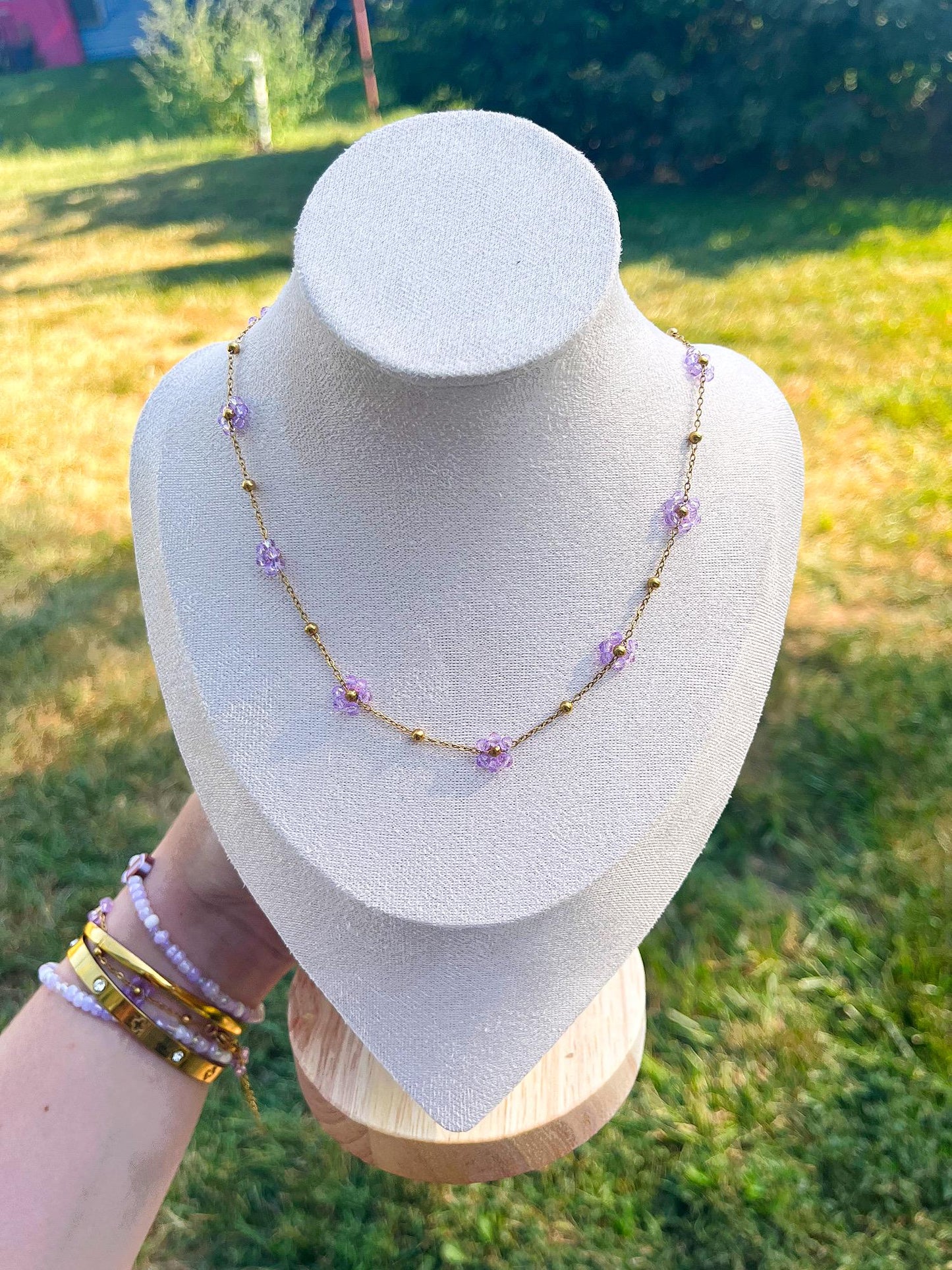 Stainless Steel Purple Flower Beaded Necklace | Gold Flower Necklace | Game Day Kansas State | Layering Necklace | Dainty Flower Chain |