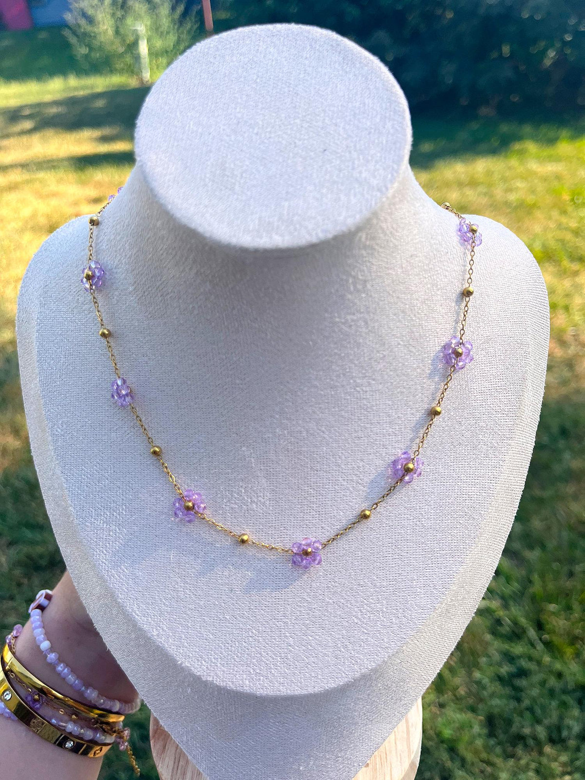 Stainless Steel Purple Flower Beaded Necklace | Gold Flower Necklace | Game Day Kansas State | Layering Necklace | Dainty Flower Chain |