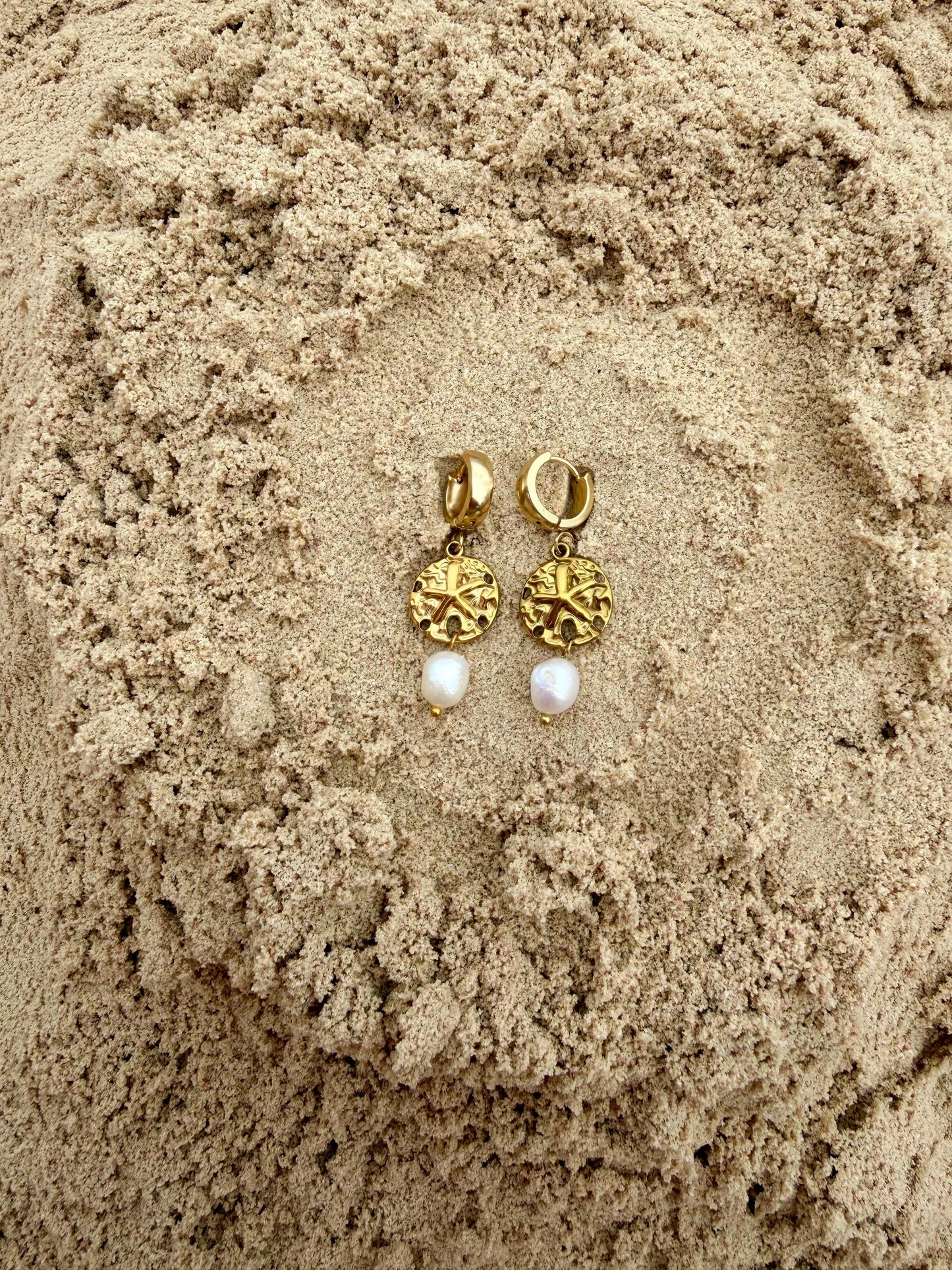 Sandbar Pearl Huggies | Stainless Steel Water Resistant Huggies | Summer Beach Earrings |