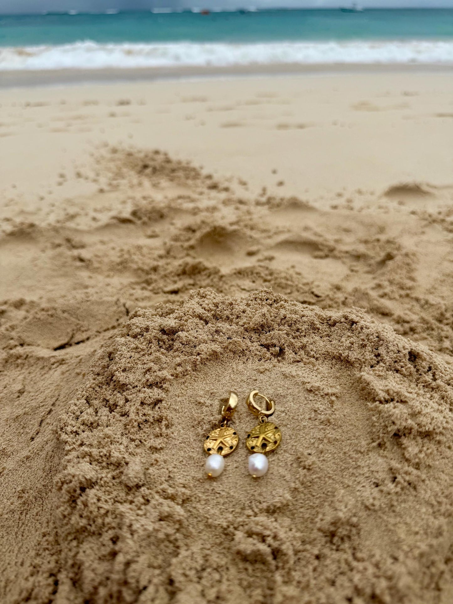 Sandbar Pearl Huggies | Stainless Steel Water Resistant Huggies | Summer Beach Earrings |