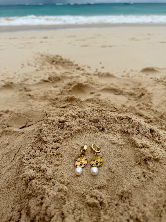 Sandbar Pearl Huggies | Stainless Steel Water Resistant Huggies | Summer Beach Earrings |
