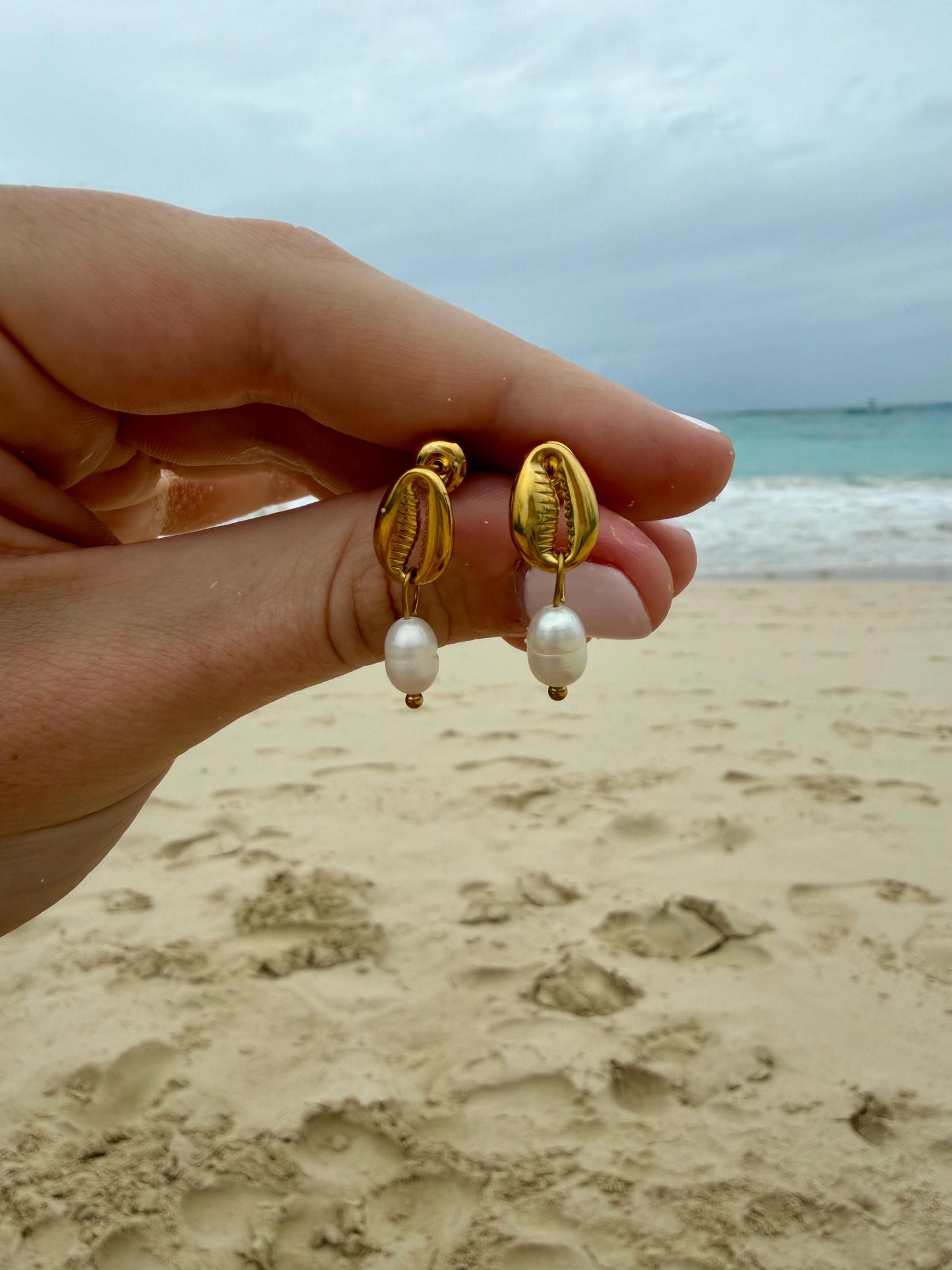 Cowrie Pearl Studs | Stainless Steel Water Resistant Studs | Summer Beach Ocean Earrings |