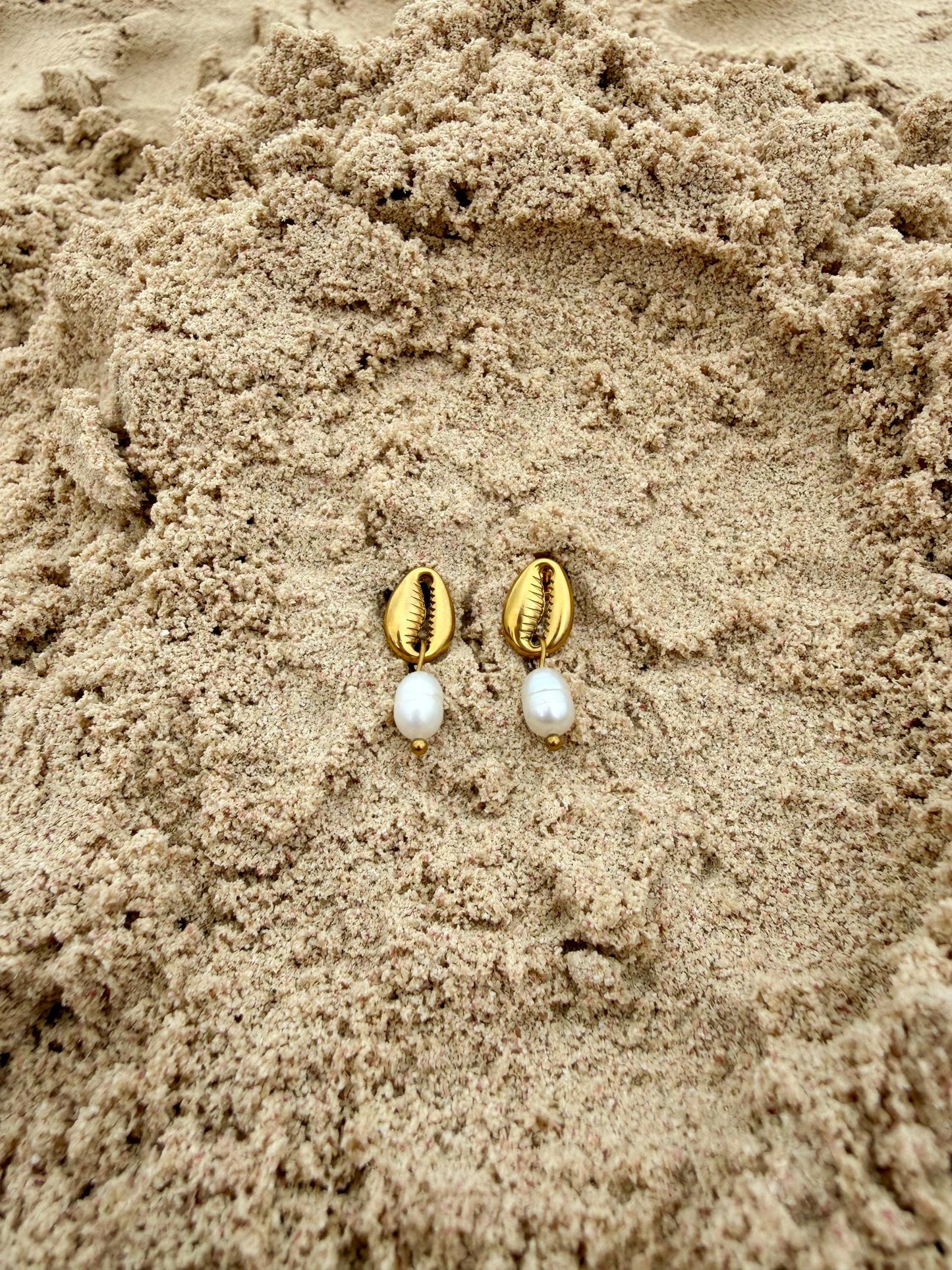 Cowrie Pearl Studs | Stainless Steel Water Resistant Studs | Summer Beach Ocean Earrings |