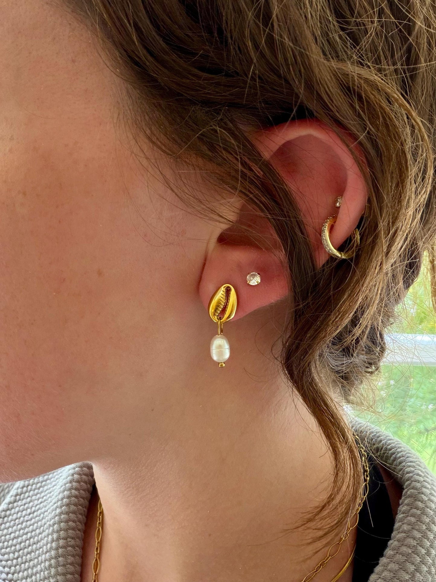 Cowrie Pearl Studs | Stainless Steel Water Resistant Studs | Summer Beach Ocean Earrings |