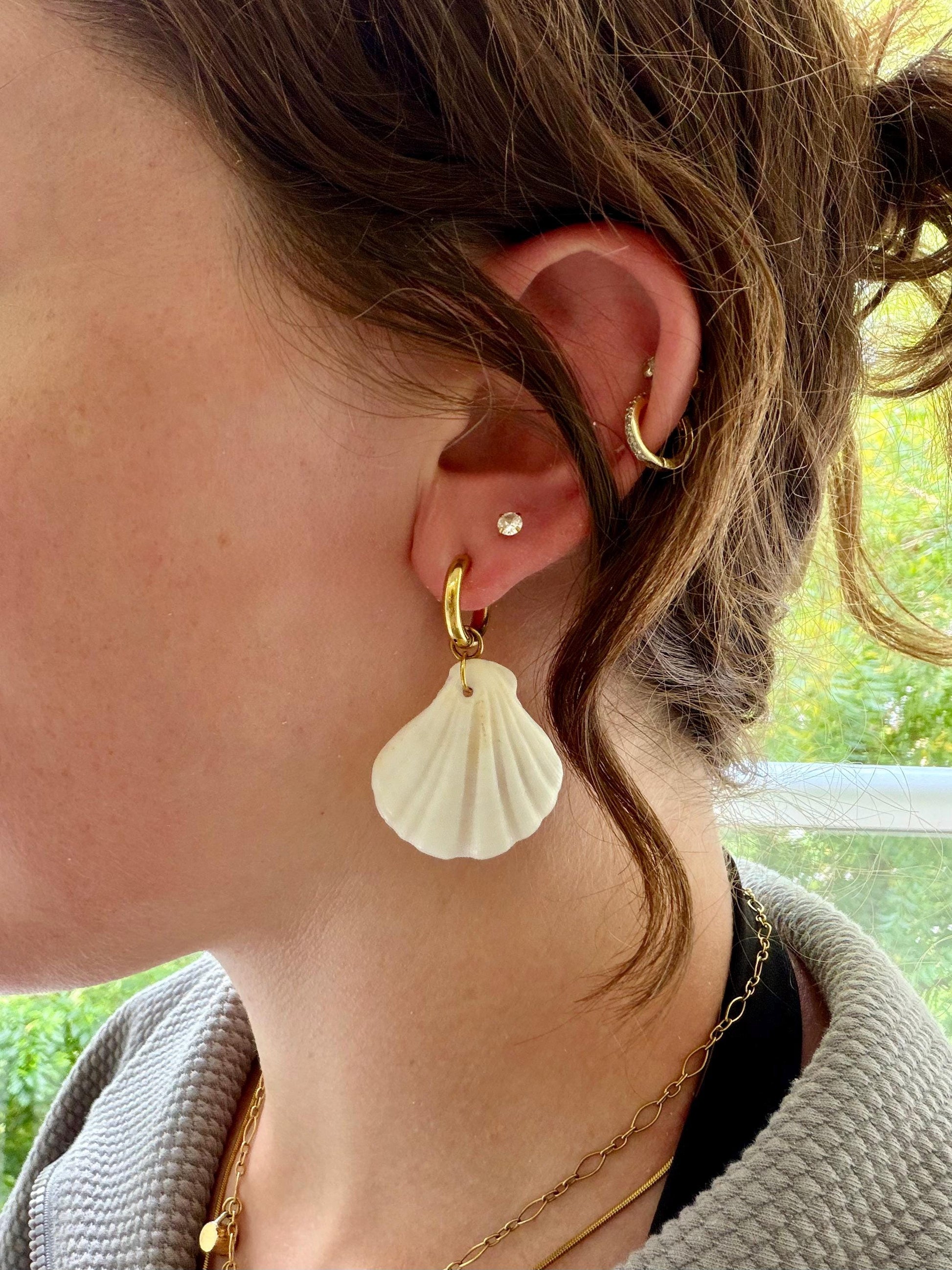 Seashell Statement Hoops | Stainless Steel Water Resistant Hoops | Beach Summer Ocean Earrings |