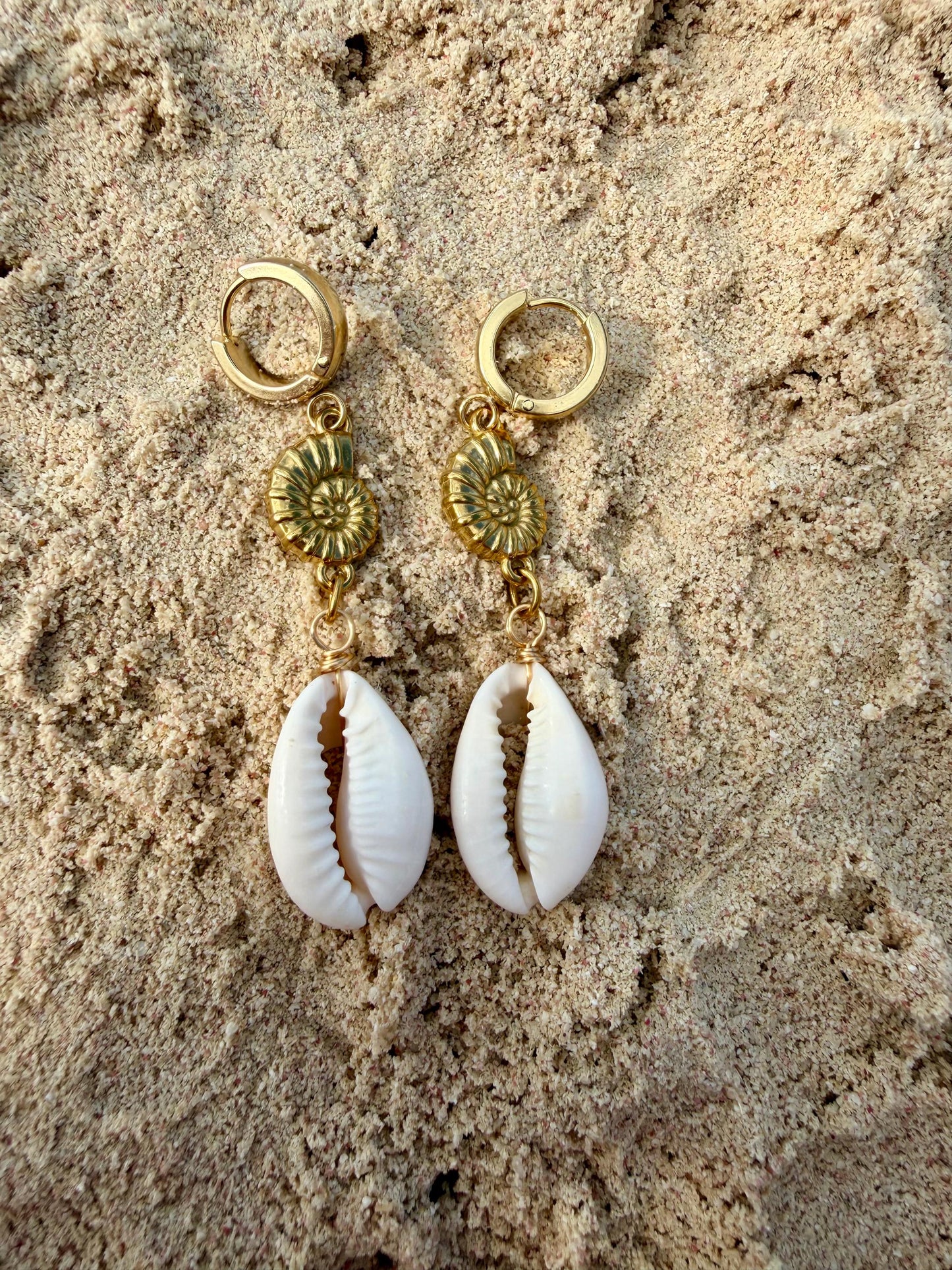 Soleil Shell Huggies | Stainless Steel Water Resistant Huggies | Beach Summer Ocean Hoop Earrings |