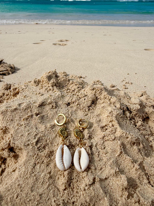 Soleil Shell Huggies | Stainless Steel Water Resistant Huggies | Beach Summer Ocean Hoop Earrings |