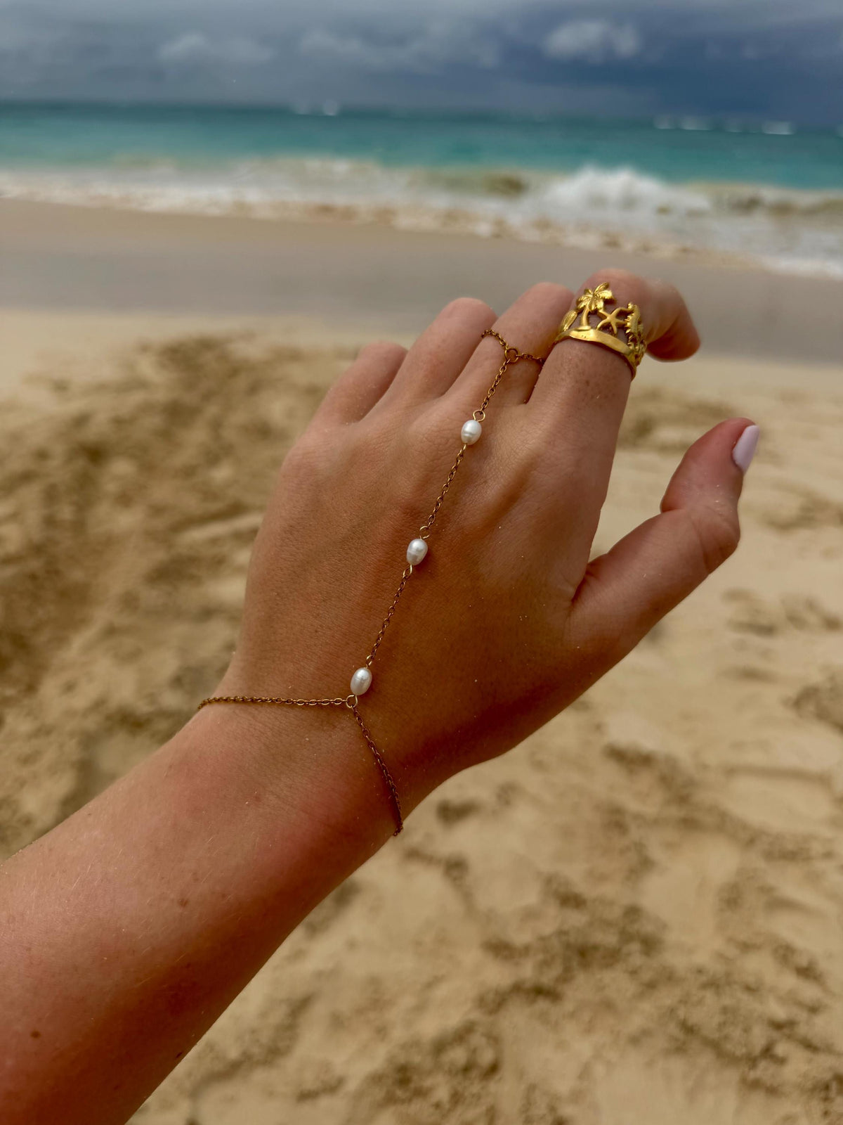Pearl Tide Hand Chain | Stainless Steel Water Resistant | Summer Beach Ocean Jewelry |