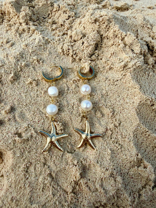 Starfish Pearl Drops | Stainless Steel Huggies | Summer Beach Earrings |
