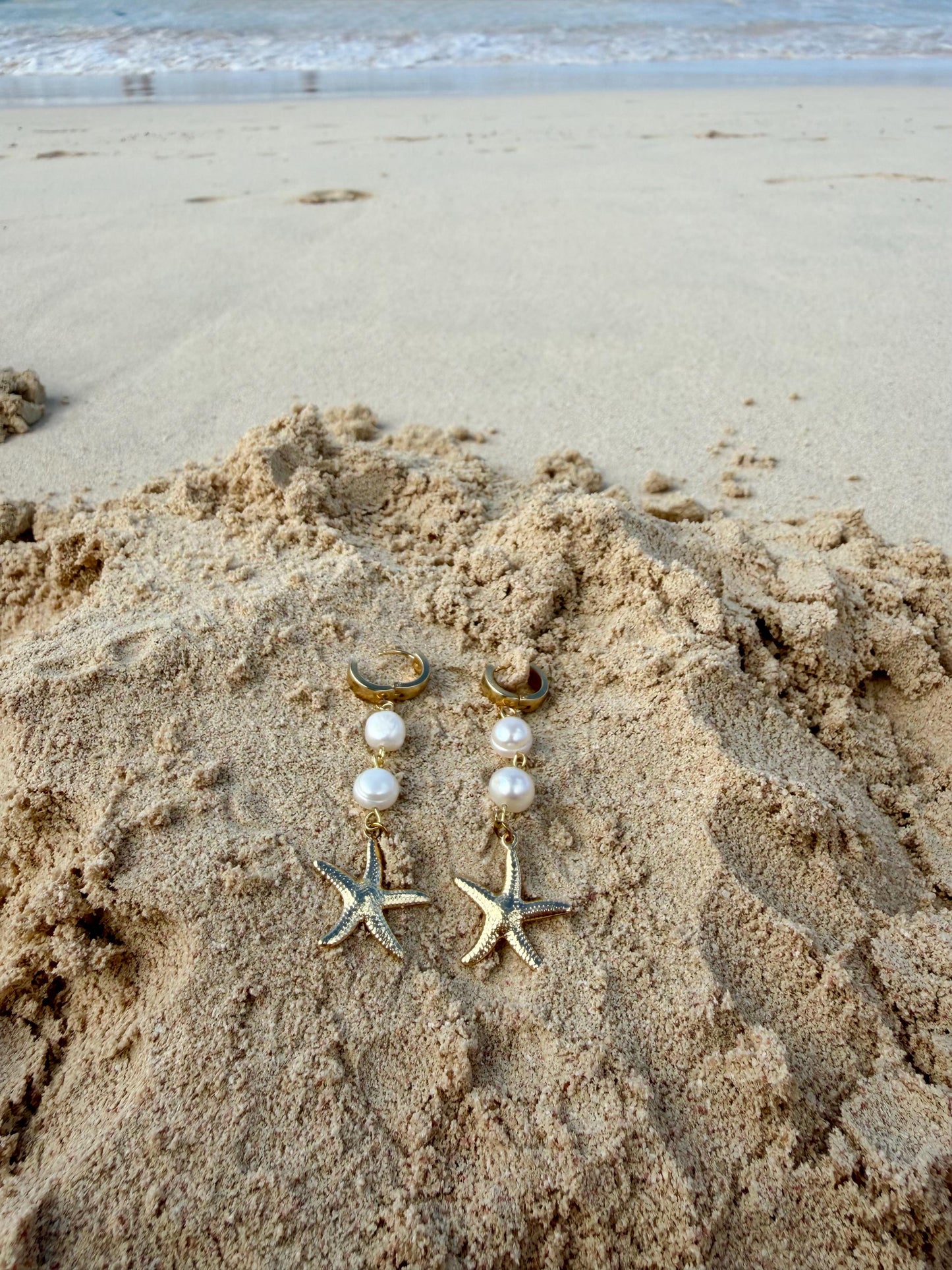 Starfish Pearl Drops | Stainless Steel Huggies | Summer Beach Earrings |