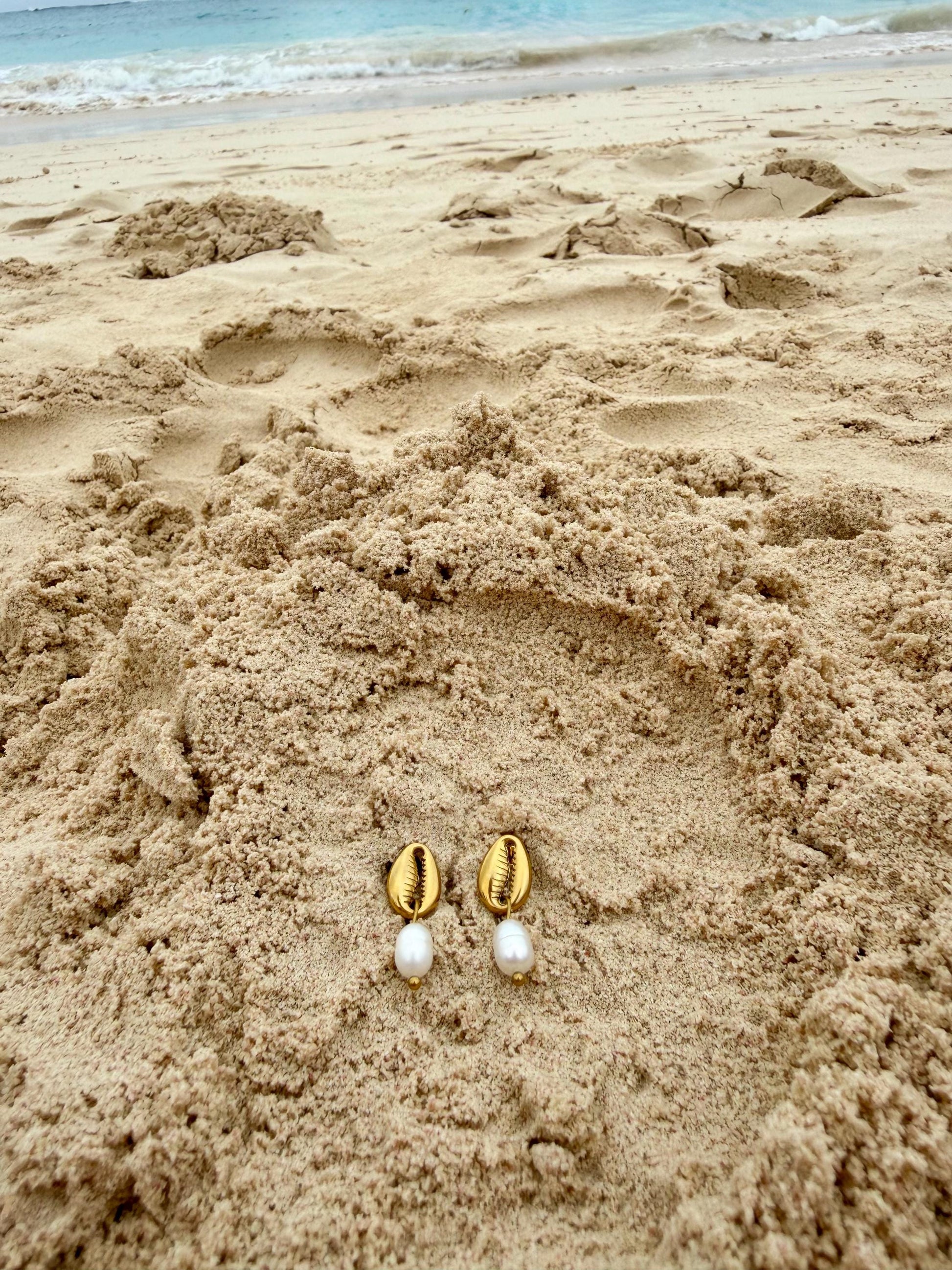 Cowrie Pearl Studs | Stainless Steel Water Resistant Studs | Summer Beach Ocean Earrings |