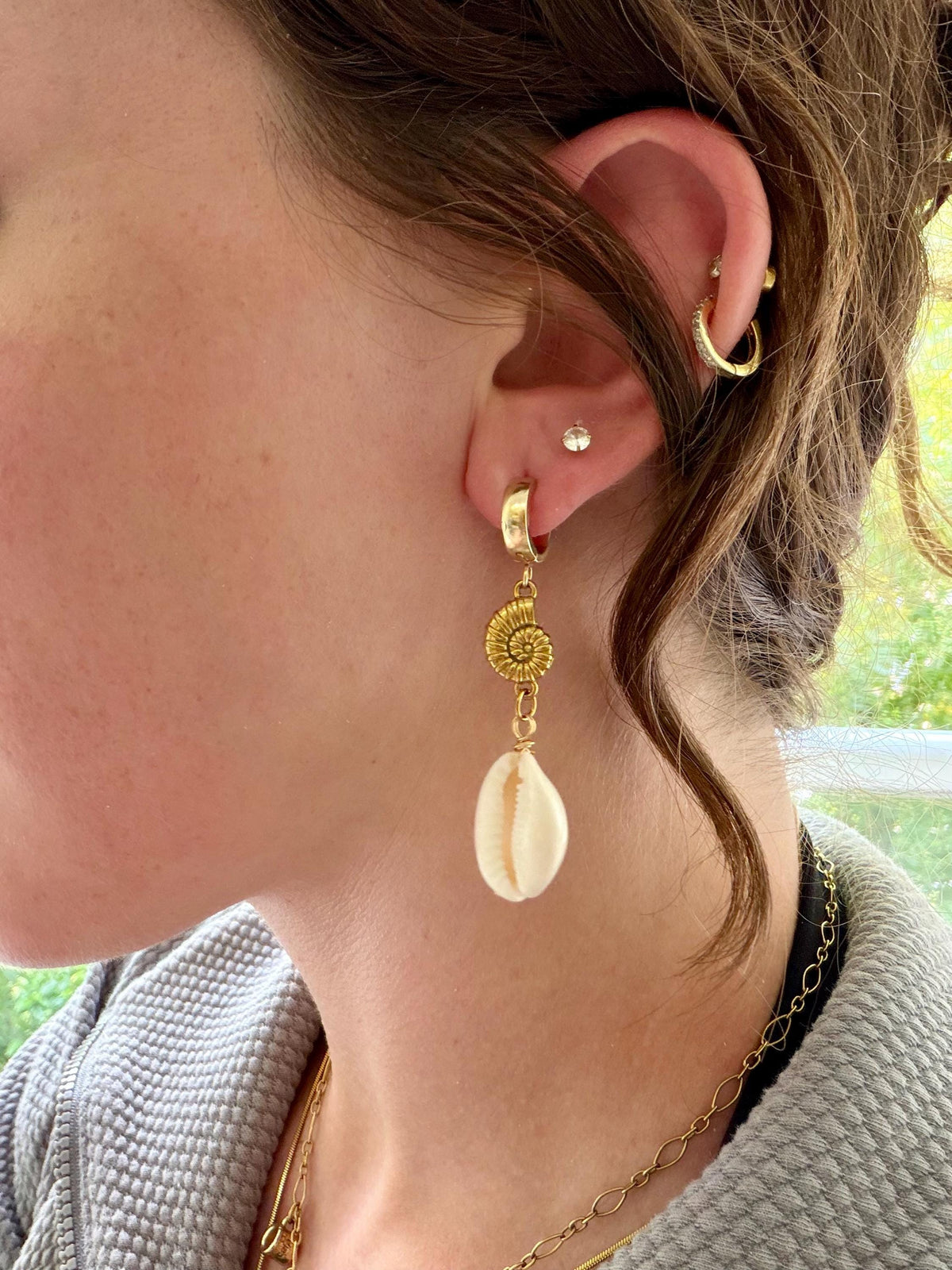 Soleil Shell Huggies | Stainless Steel Water Resistant Huggies | Beach Summer Ocean Hoop Earrings |