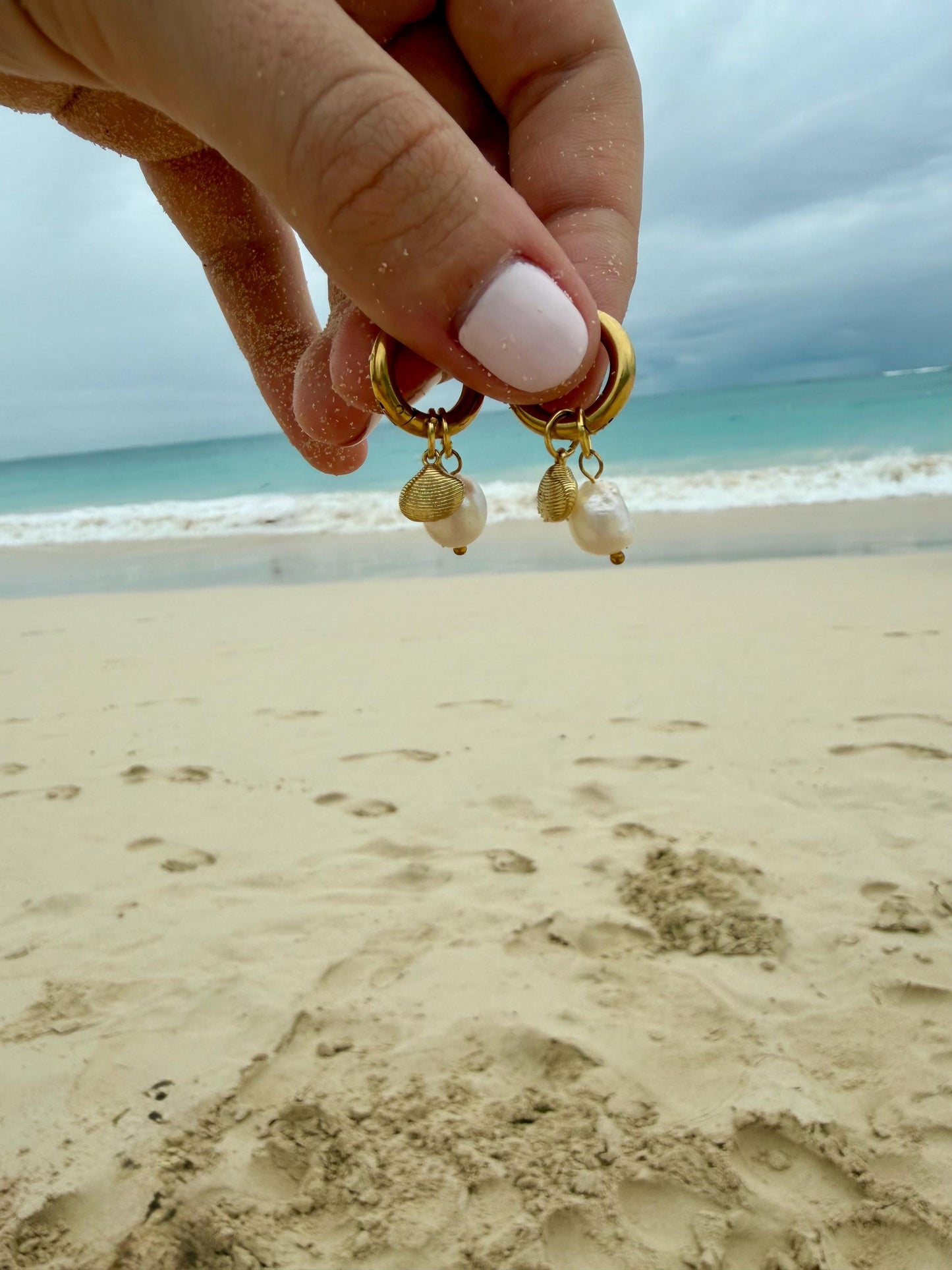 Shoreline Pearl Hoops | Stainless Steel Water Resistant Hoops | Summer Beach Ocean Huggies |