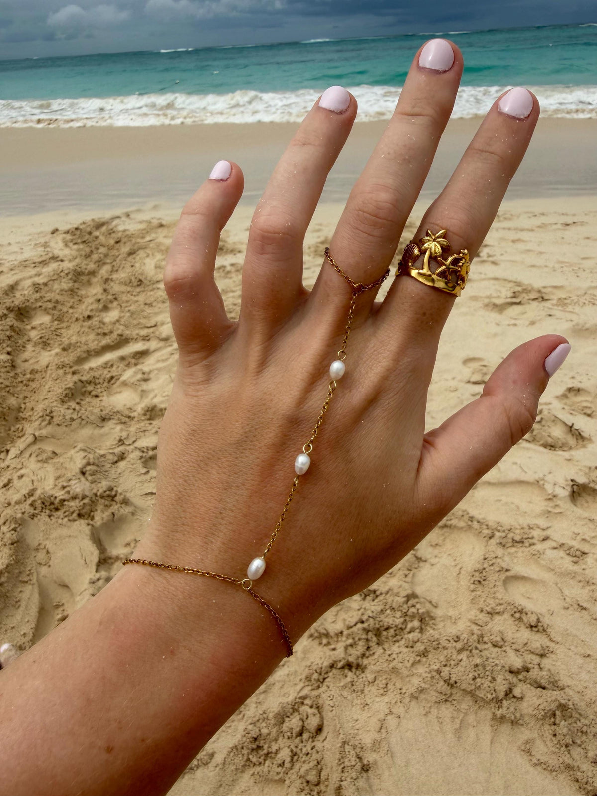 Pearl Tide Hand Chain | Stainless Steel Water Resistant | Summer Beach Ocean Jewelry |