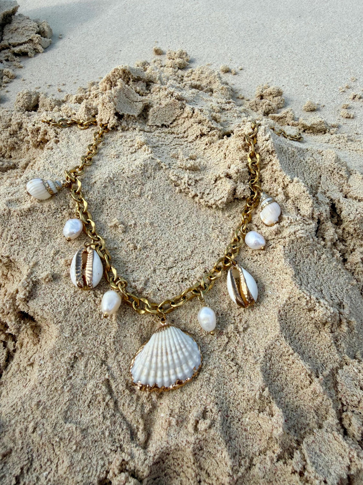 Coastal Pearl Charm Necklace | Shell Charm Necklace Gold | Stainless Steel Chain | Beach Jewelry | Statement Necklace| Cowrie Shell Necklace