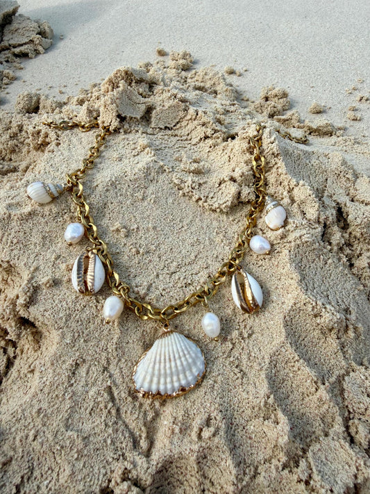 Coastal Pearl Charm Necklace | Shell Charm Necklace Gold | Stainless Steel Chain | Beach Jewelry | Statement Necklace| Cowrie Shell Necklace