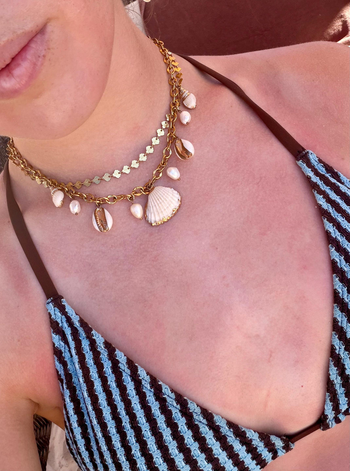 Coastal Pearl Charm Necklace | Shell Charm Necklace Gold | Stainless Steel Chain | Beach Jewelry | Statement Necklace| Cowrie Shell Necklace