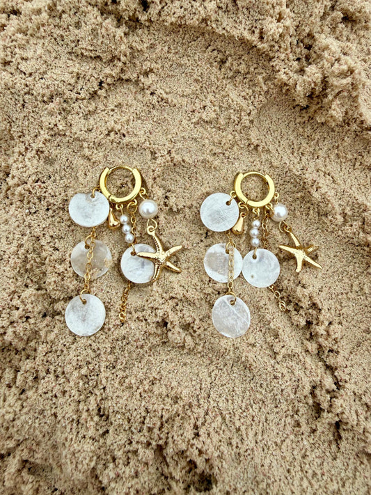 Tidepool Treasure Huggies | Gold Starfish Shell Earrings | 18K Gold Plated Huggie Hoops | Coastal Charm Earrings | Beach Jewelry |
