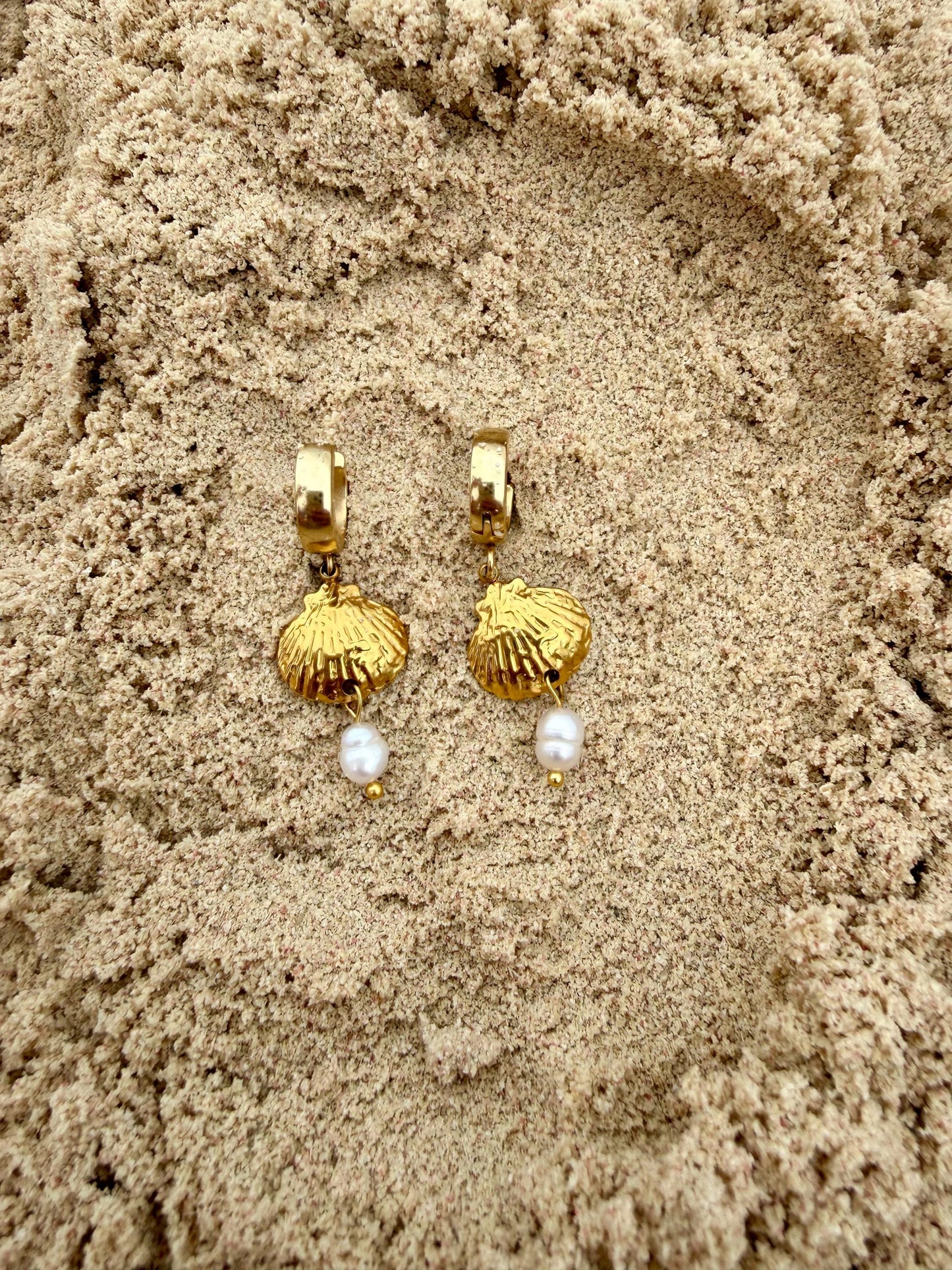 Seafarer Pearl Huggies | Gold Shell & Pearl Earrings | Stainless Steel Huggie Hoops | Coastal Jewelry | Beach Earrings