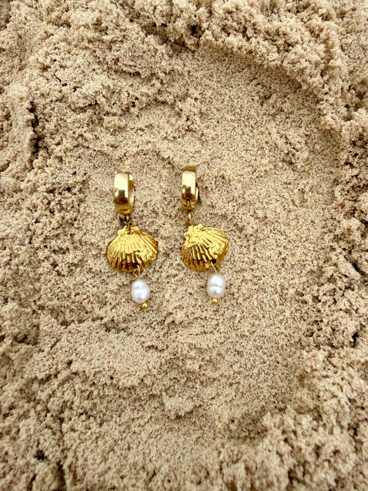 Seafarer Pearl Huggies | Gold Shell & Pearl Earrings | Stainless Steel Huggie Hoops | Coastal Jewelry | Beach Earrings