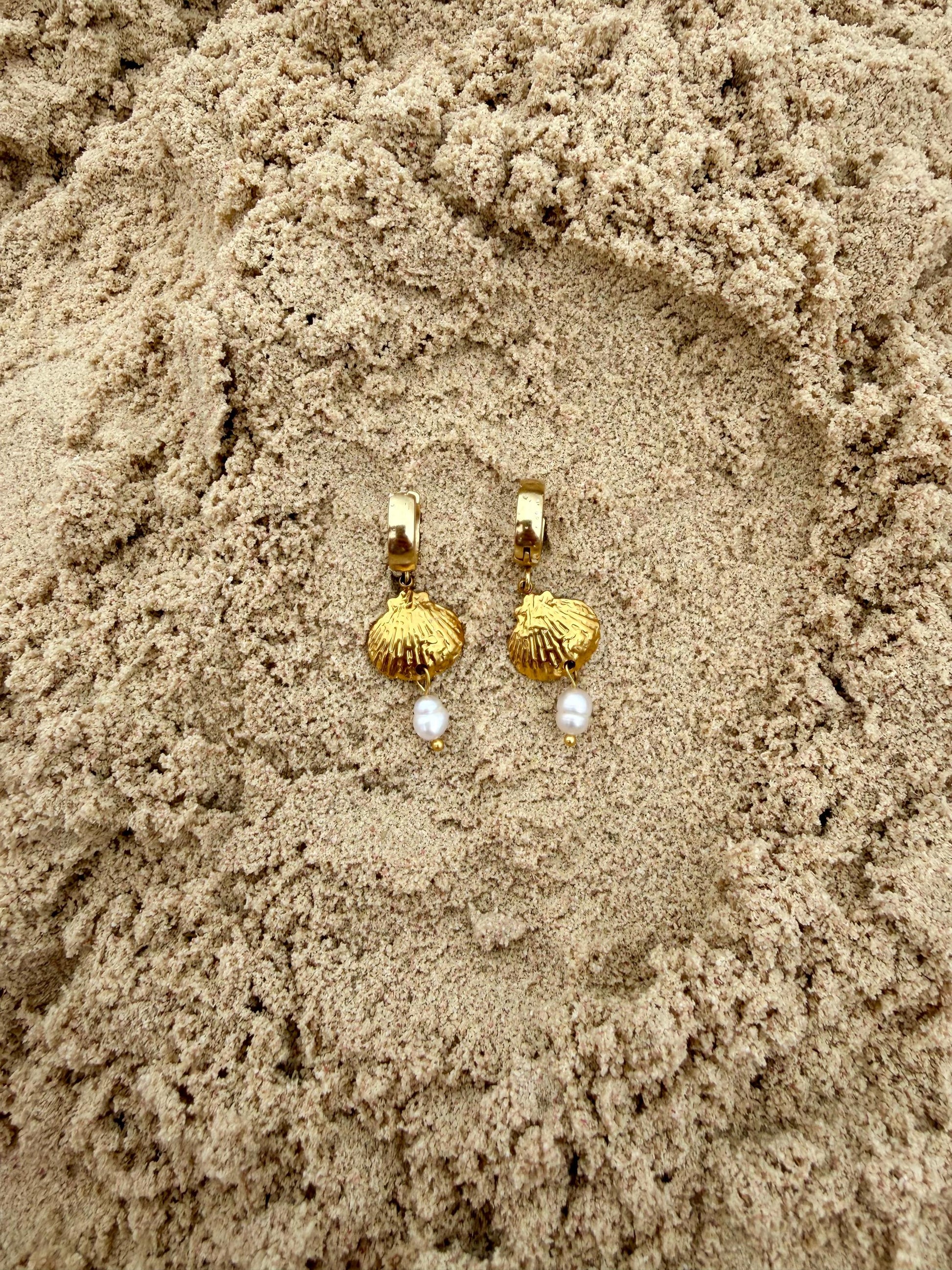 Seafarer Pearl Huggies | Gold Shell & Pearl Earrings | Stainless Steel Huggie Hoops | Coastal Jewelry | Beach Earrings