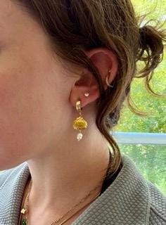 Seafarer Pearl Huggies | Gold Shell & Pearl Earrings | Stainless Steel Huggie Hoops | Coastal Jewelry | Beach Earrings